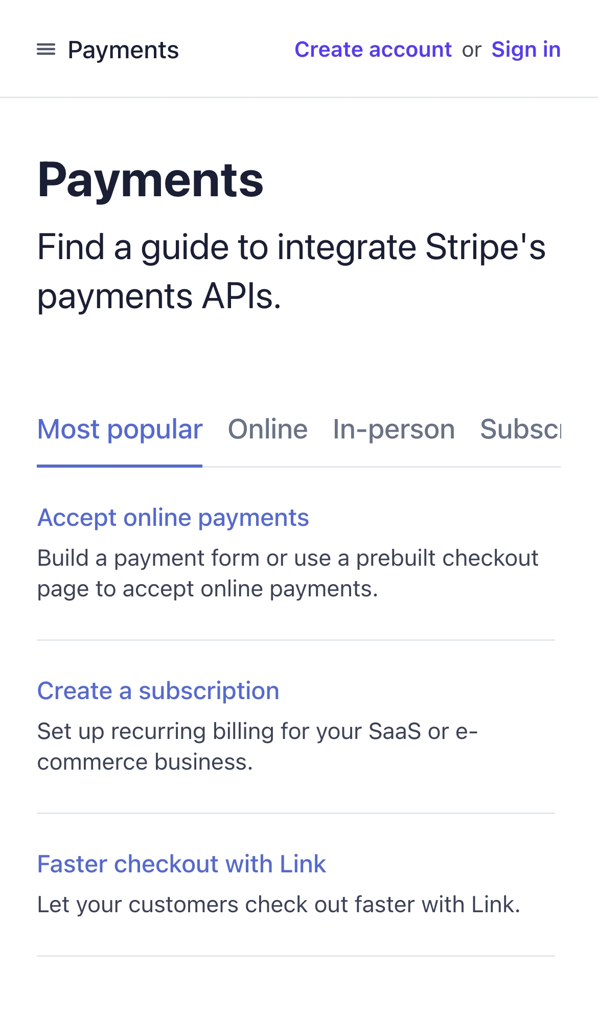 stripe@docs payments interface, mobile light full screenshot