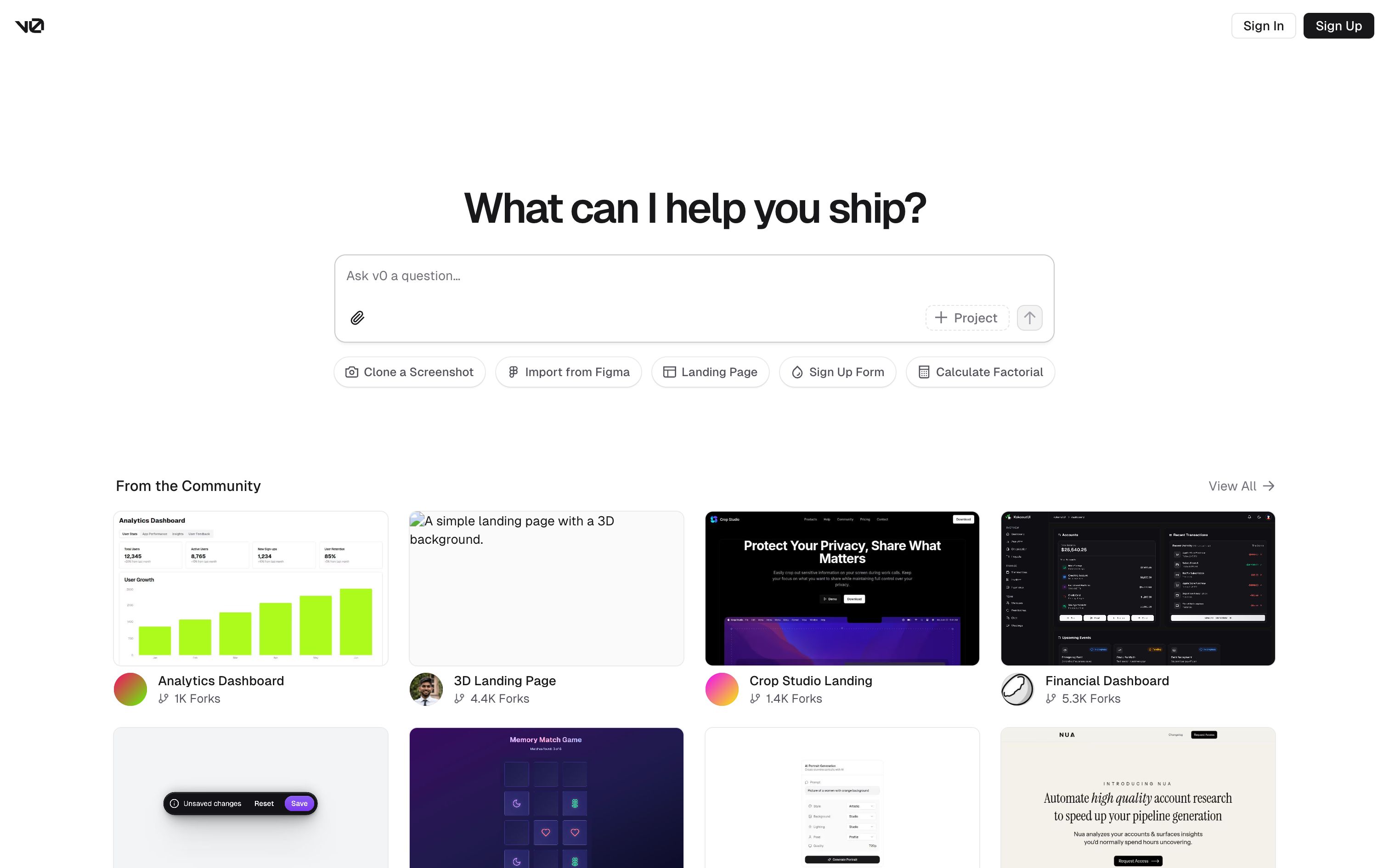 v0 landing interface, desktop light fold screenshot