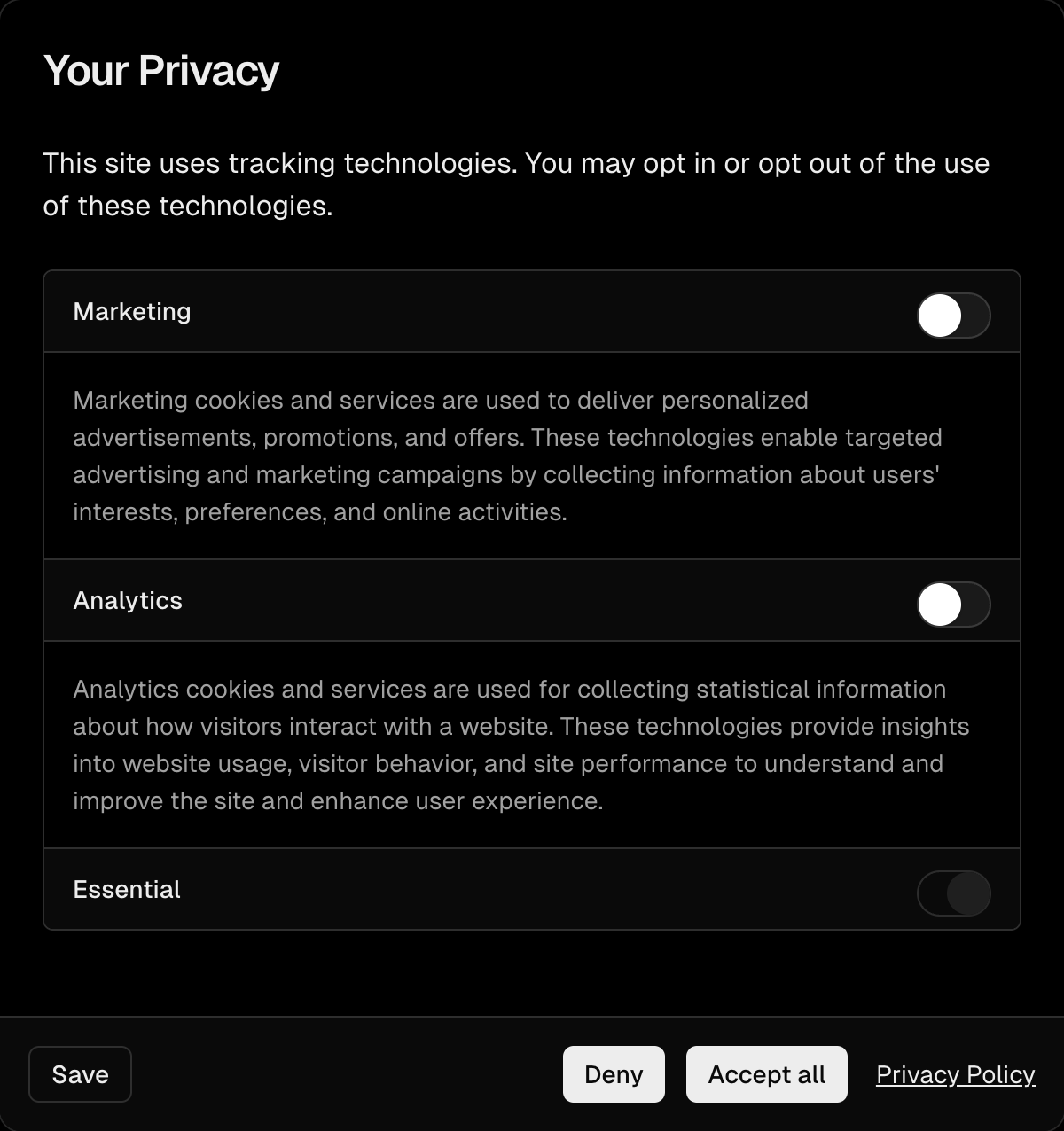 vercel privacy settings – container expanded two interface, desktop dark component screenshot
