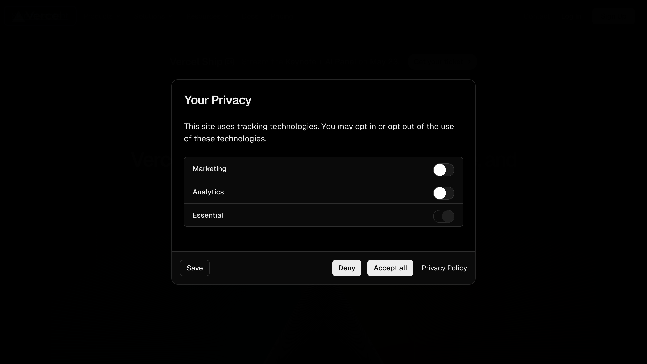 vercel privacy settings – modal base interface, desktop dark component screenshot