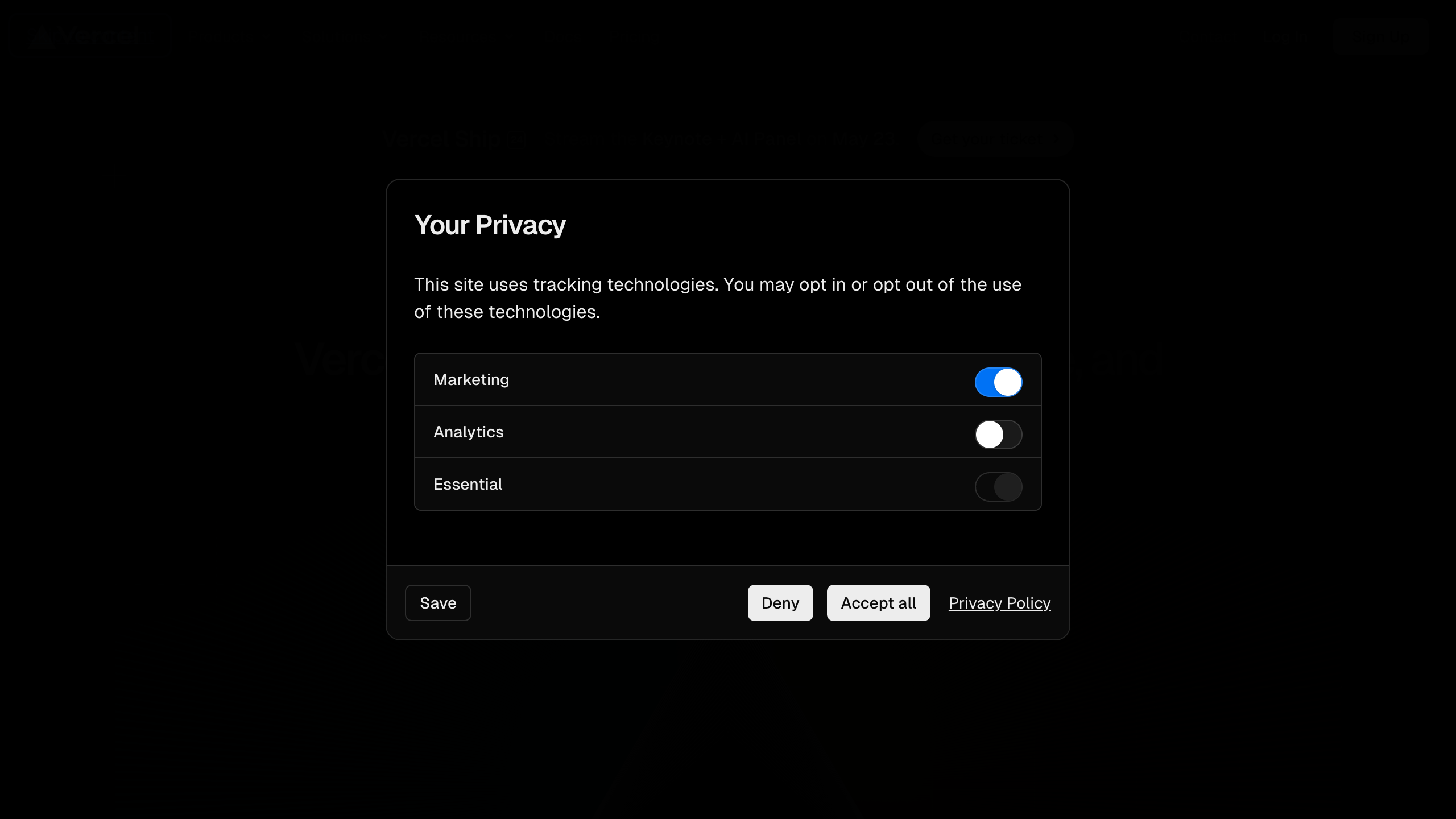 vercel privacy settings – modal checked interface, desktop dark component screenshot