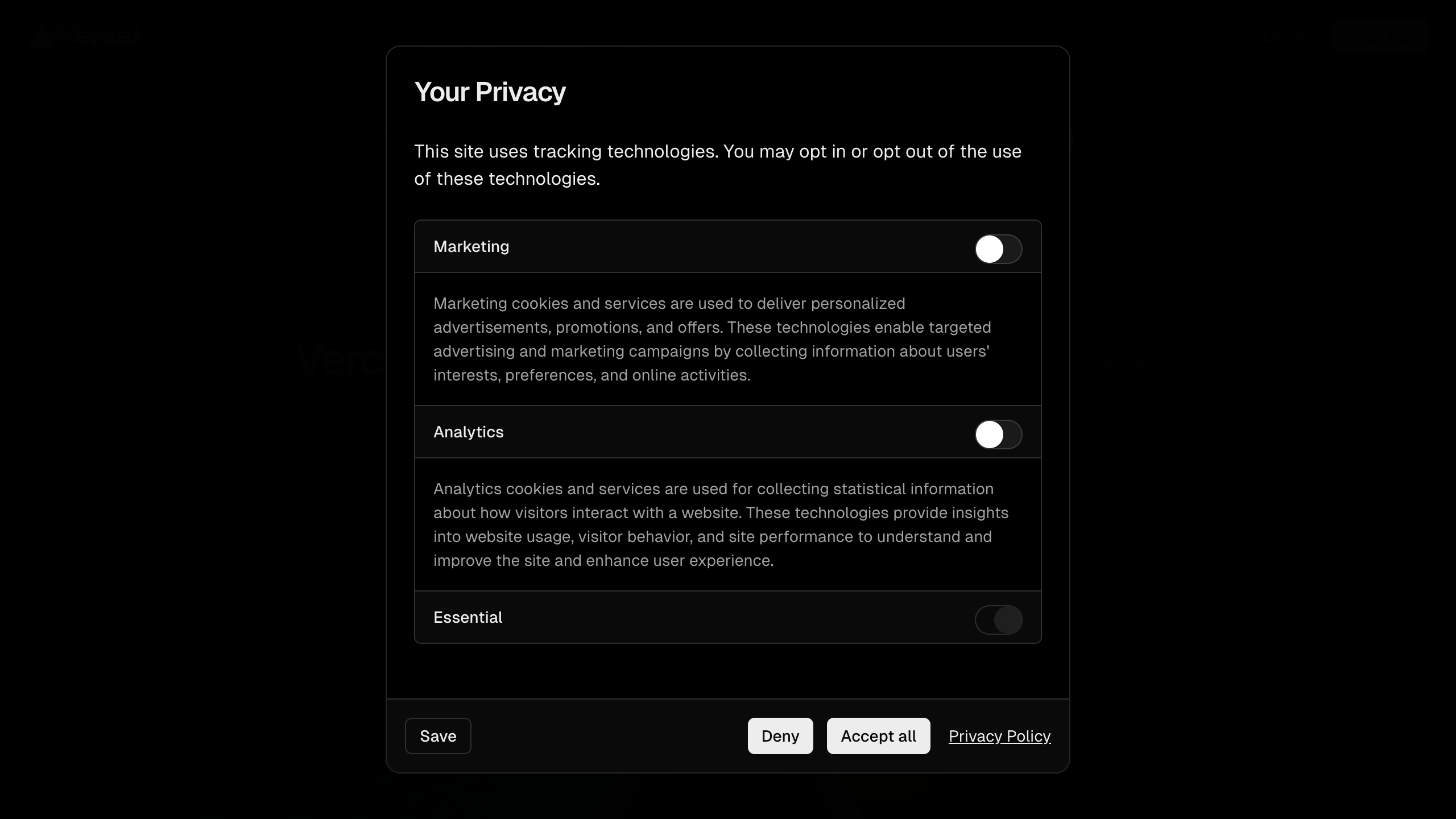 vercel privacy settings – modal expanded two interface, desktop dark component screenshot