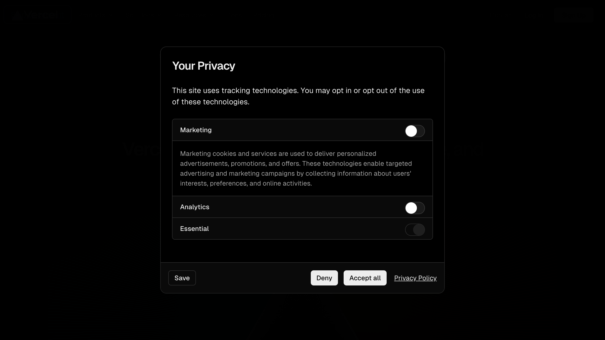 vercel privacy settings – modal expanded interface, desktop dark component screenshot