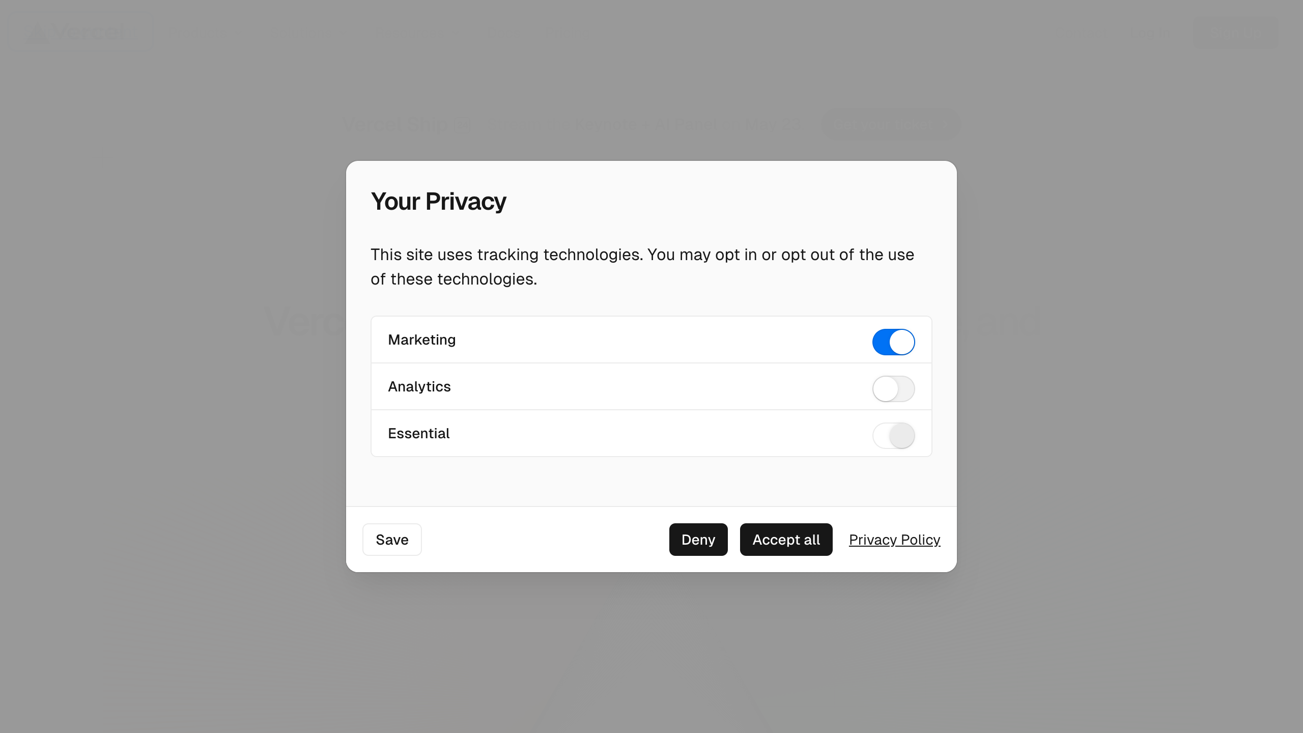 vercel privacy settings – modal checked interface, desktop light component screenshot