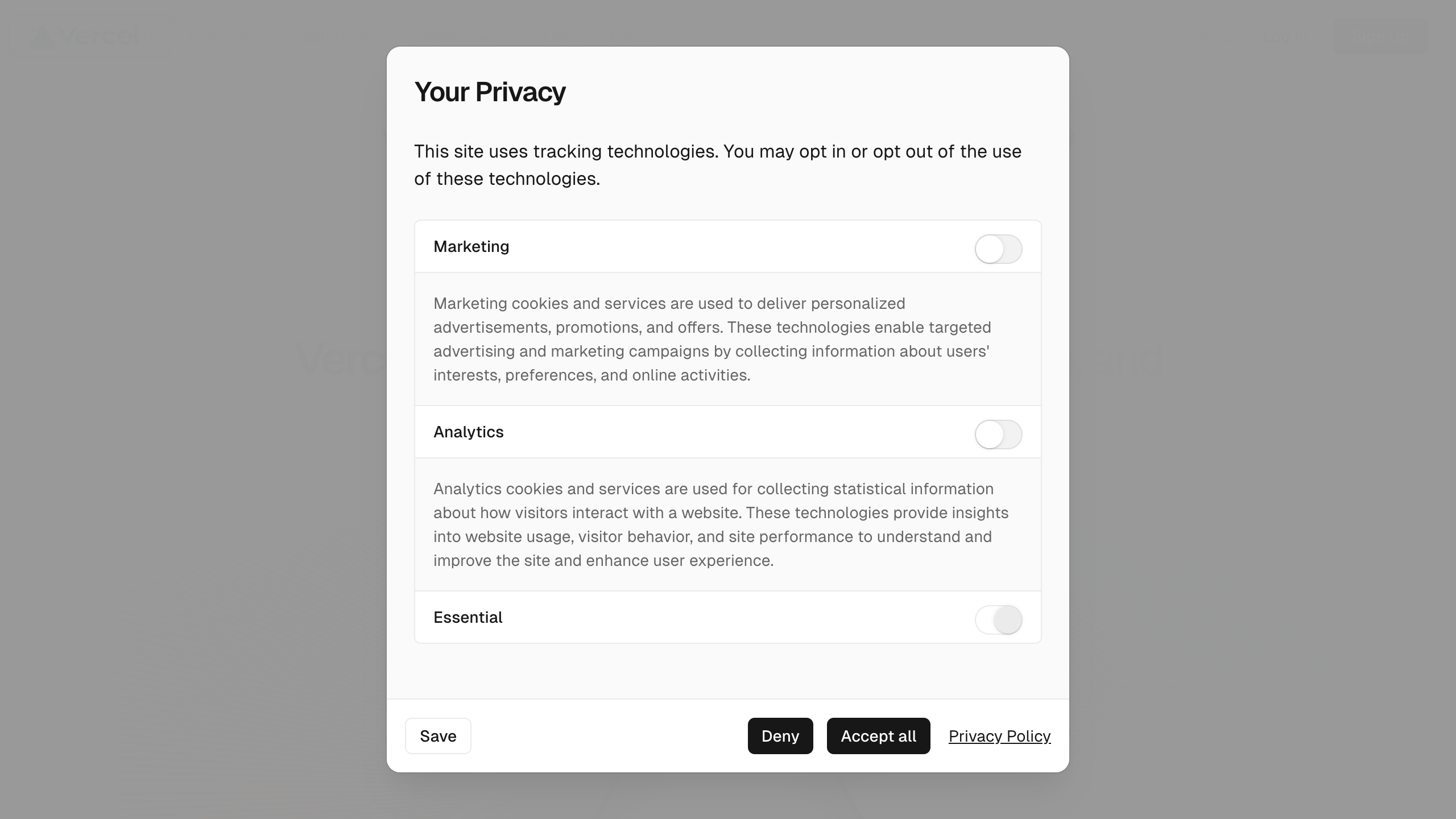 vercel privacy settings – modal expanded two interface, desktop light component screenshot