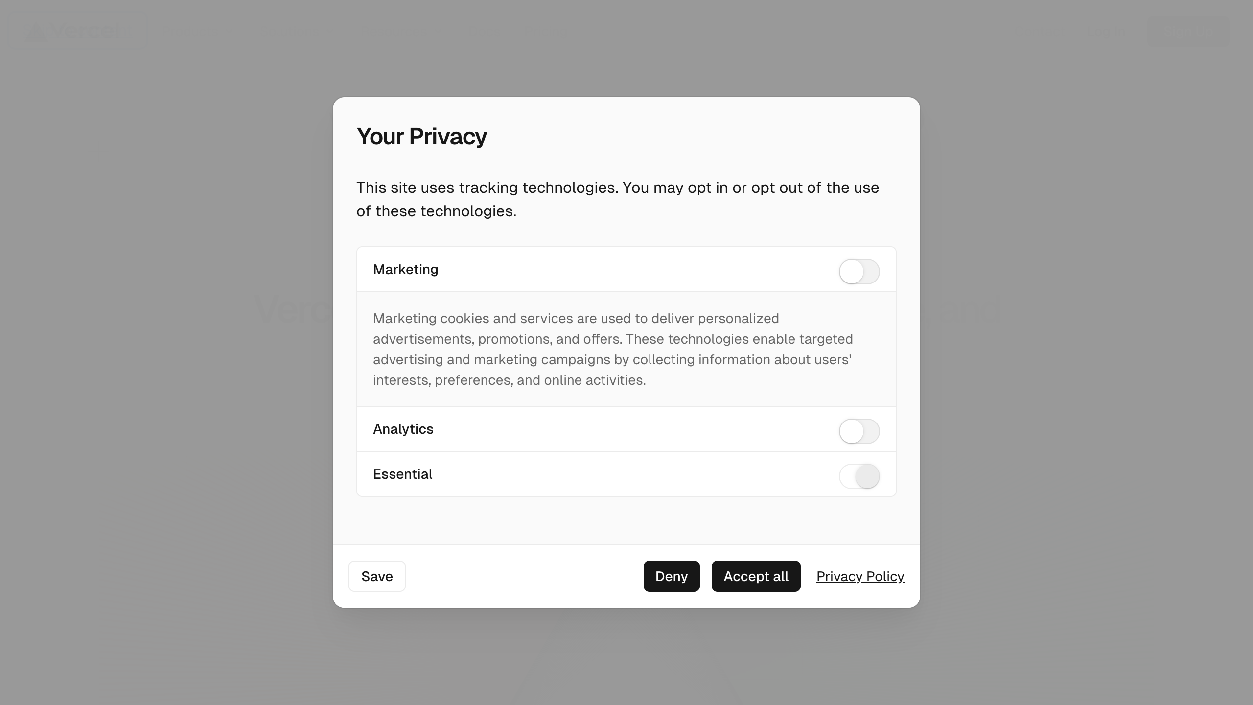 vercel privacy settings – modal expanded interface, desktop light component screenshot