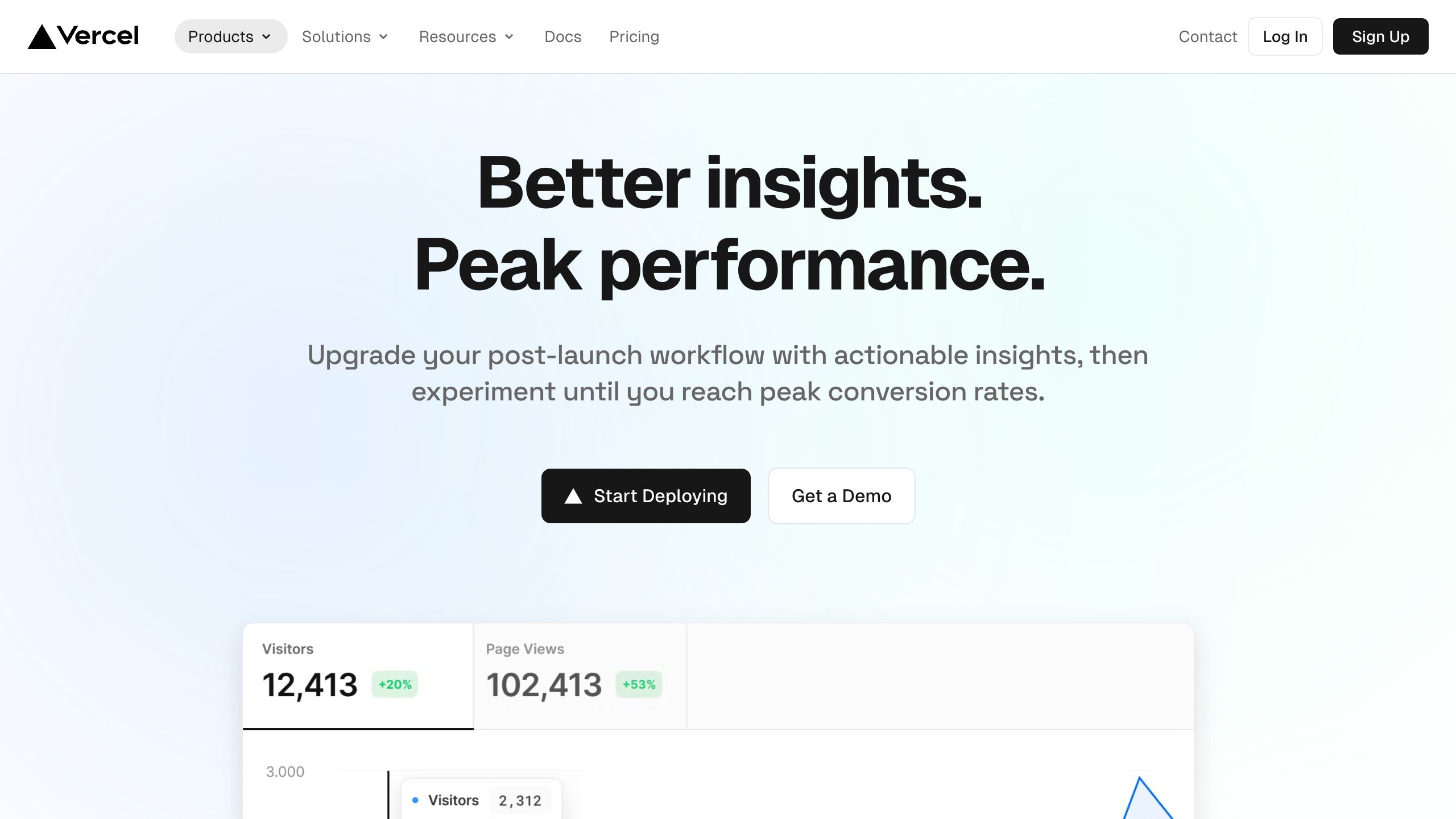 vercel analytics interface, desktop light fold screenshot