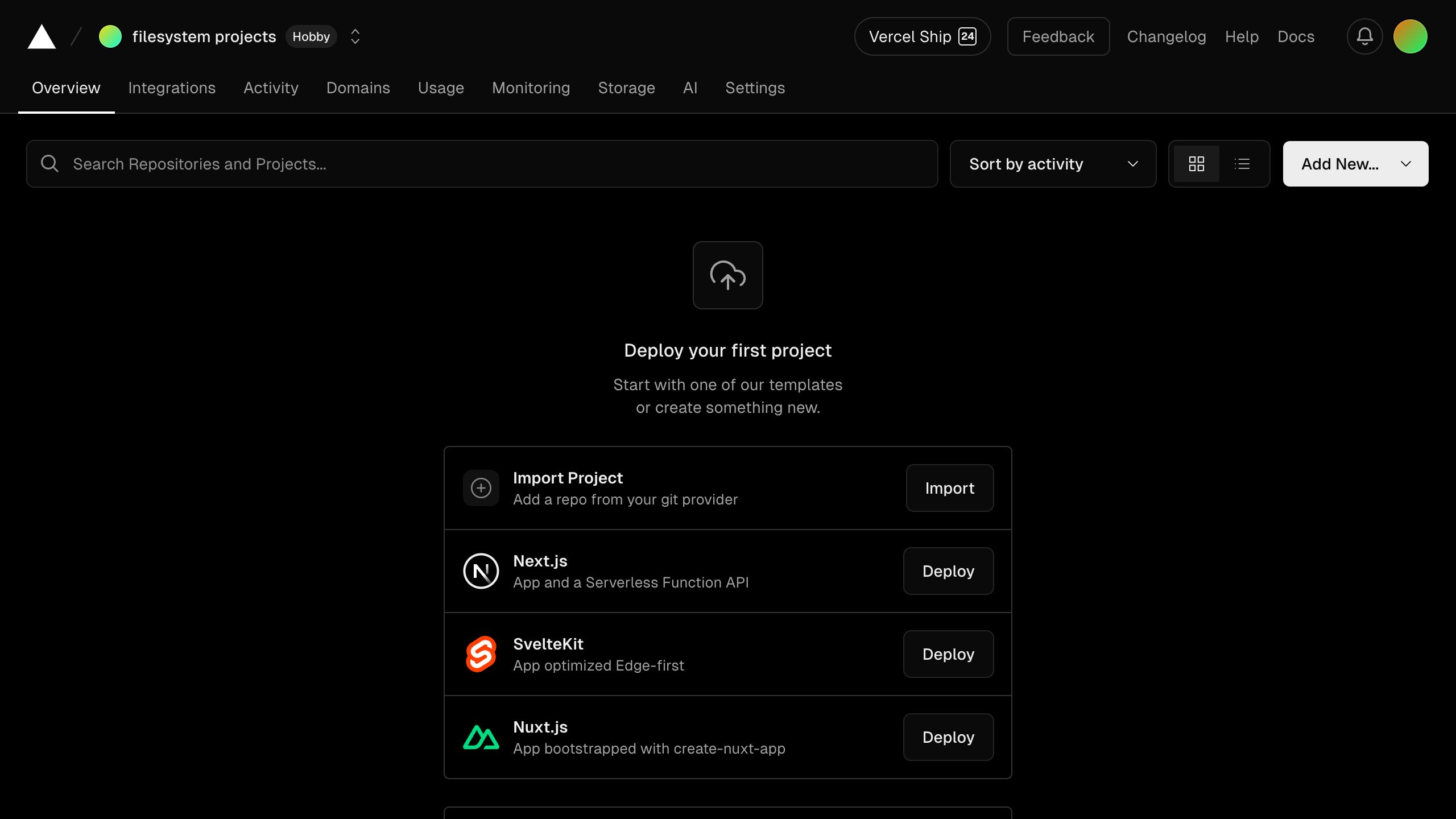 vercel dashboard setup interface, desktop dark fold screenshot