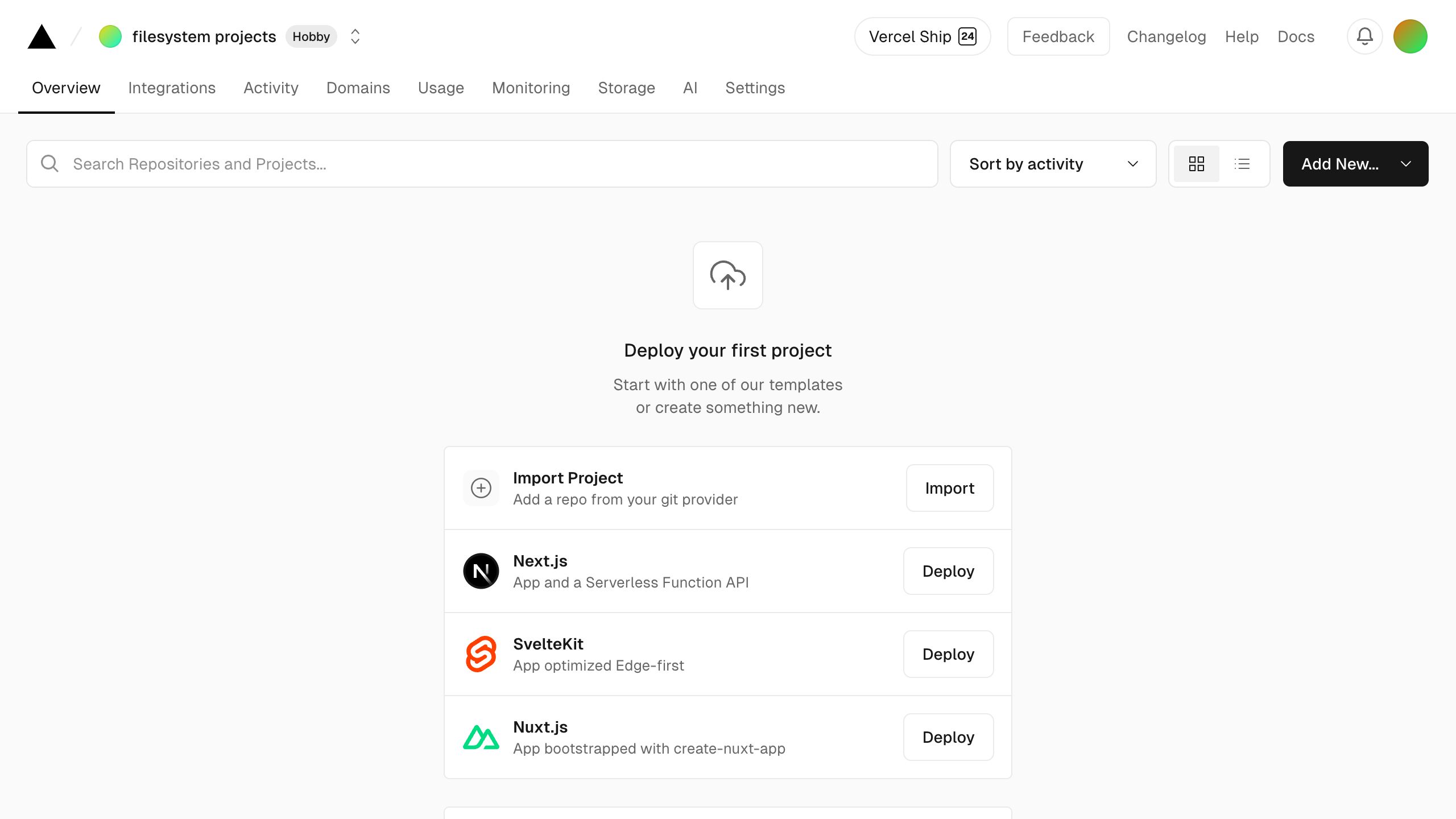 vercel dashboard setup interface, desktop light fold screenshot
