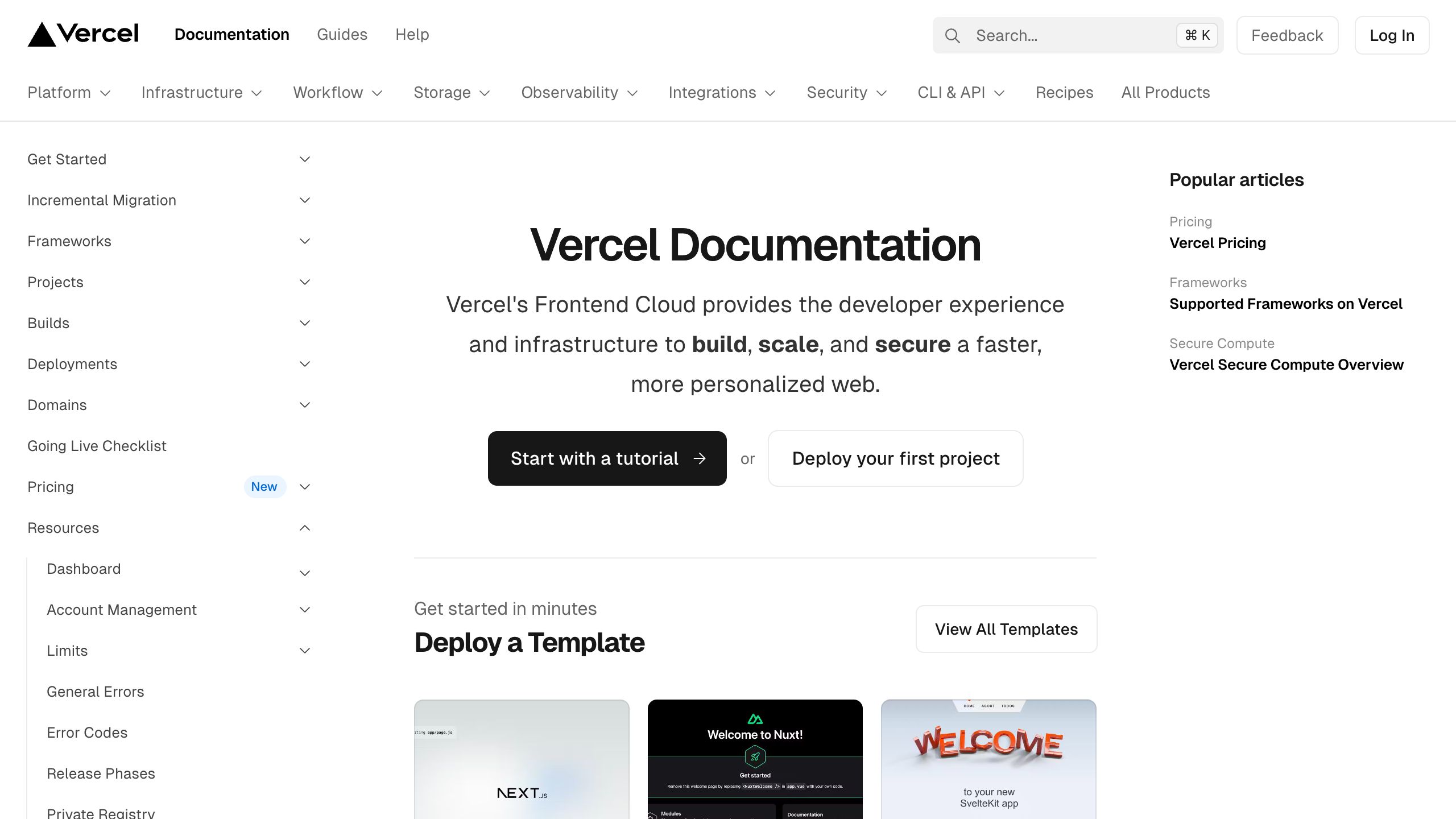 vercel documentation interface, desktop light fold screenshot