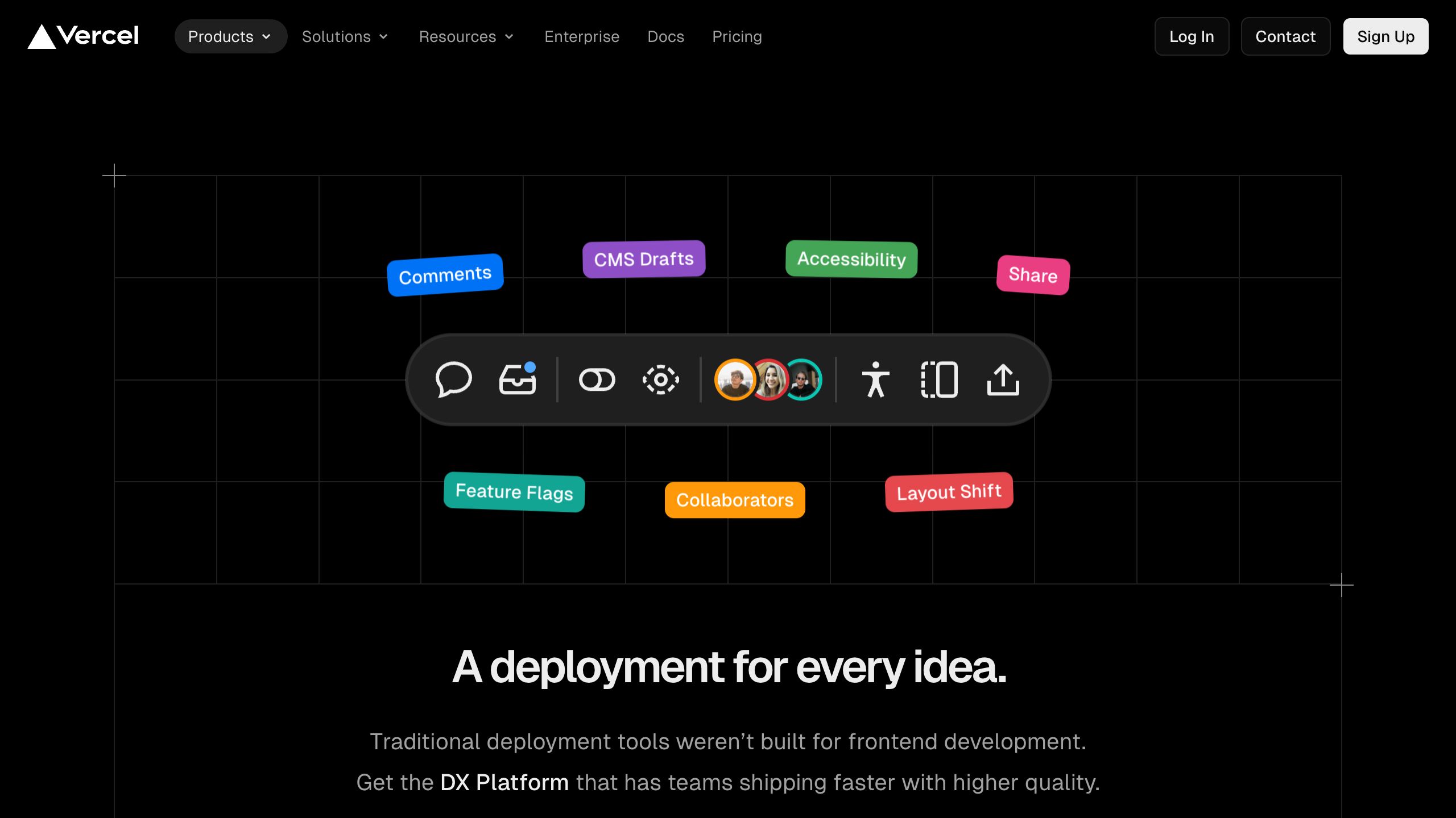 vercel DX platform interface, desktop dark fold screenshot