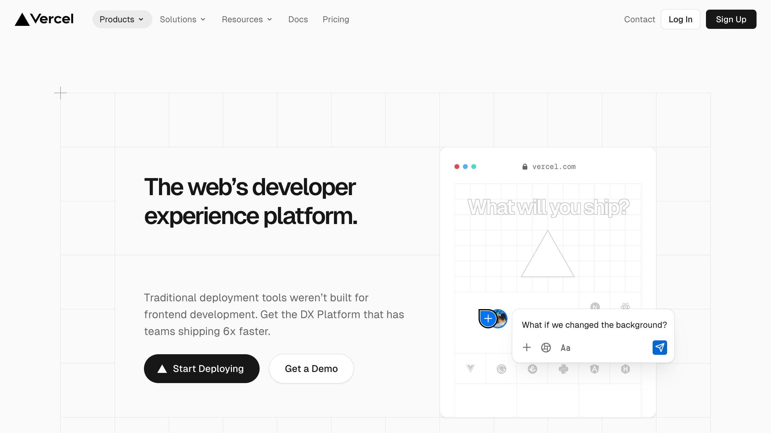 vercel DX platform interface, desktop light fold screenshot