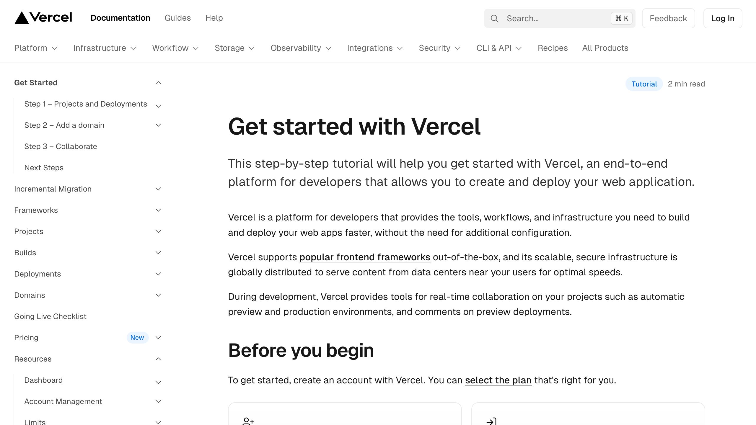 vercel getting started interface, desktop light fold screenshot