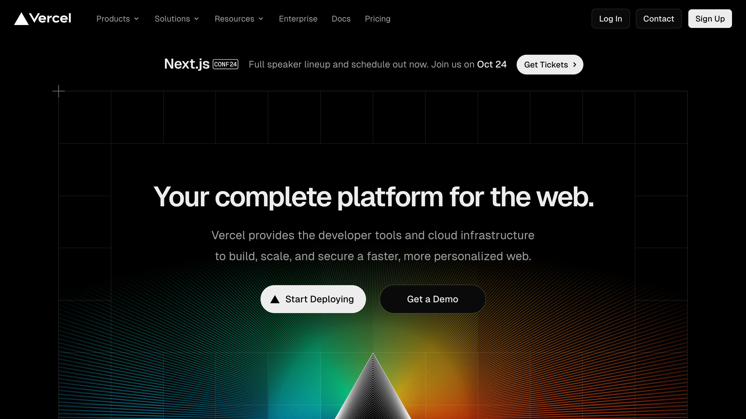 vercel landing interface, desktop dark fold screenshot