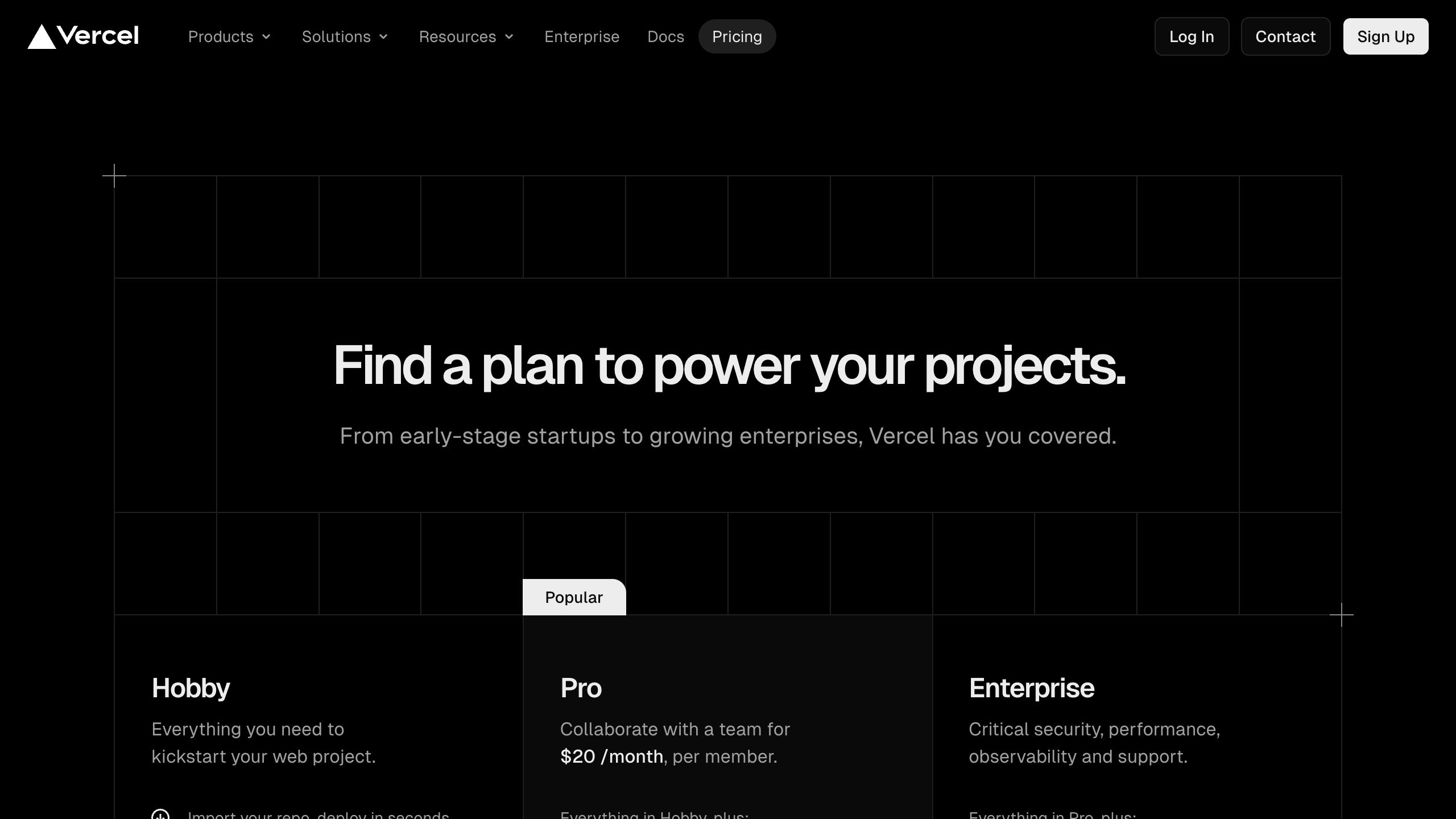 vercel pricing interface, desktop dark fold screenshot