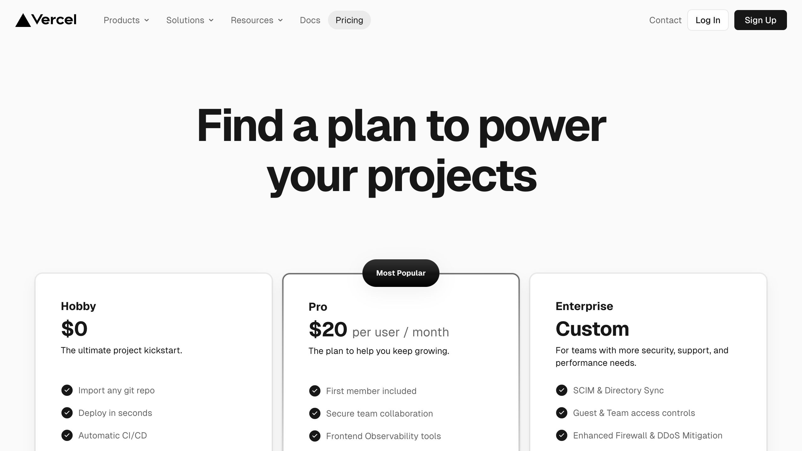 vercel pricing interface, desktop light fold screenshot
