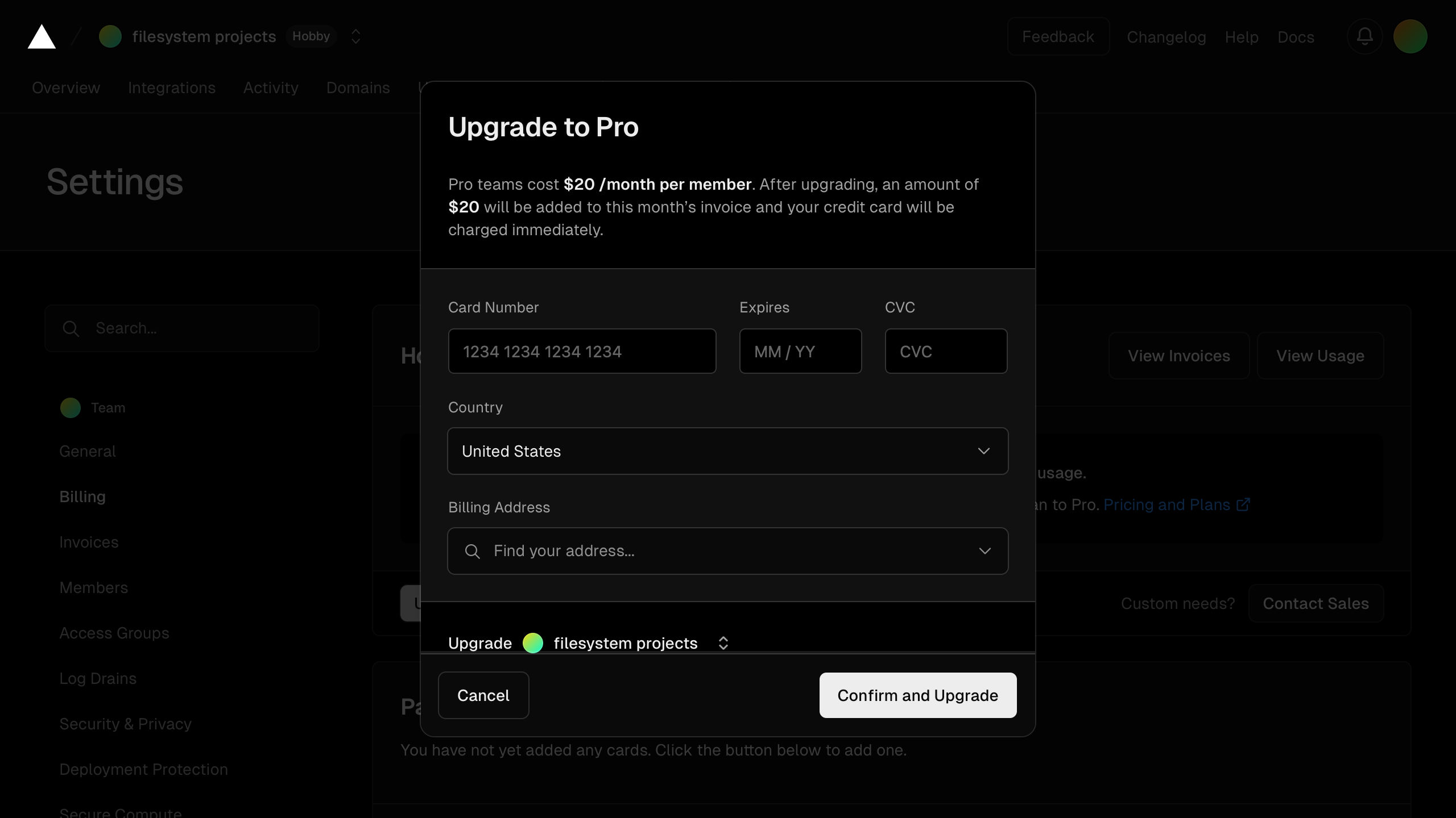 vercel team settings billing – upgrade interface, desktop dark fold screenshot