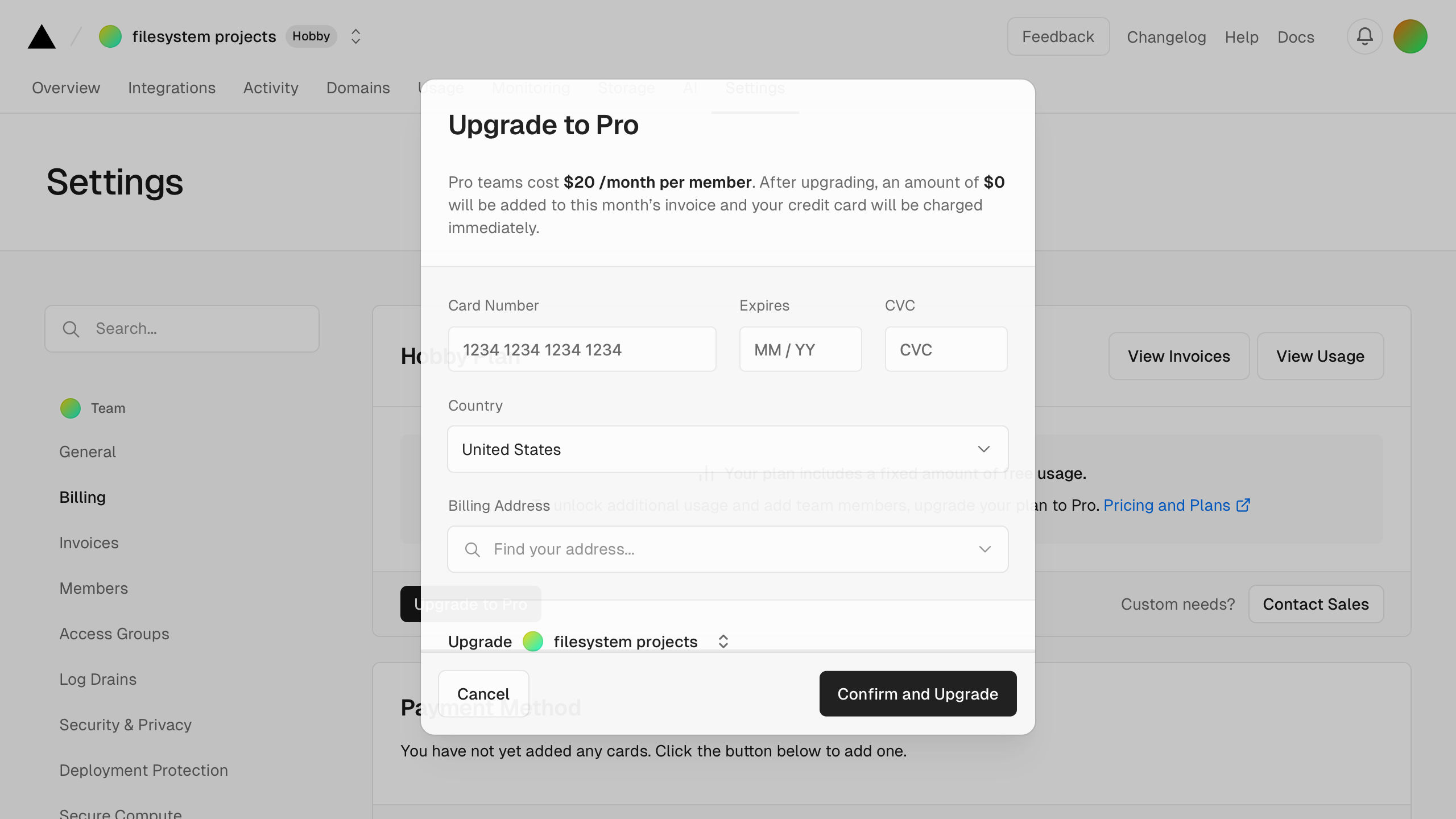 vercel team settings billing – upgrade interface, desktop light fold screenshot