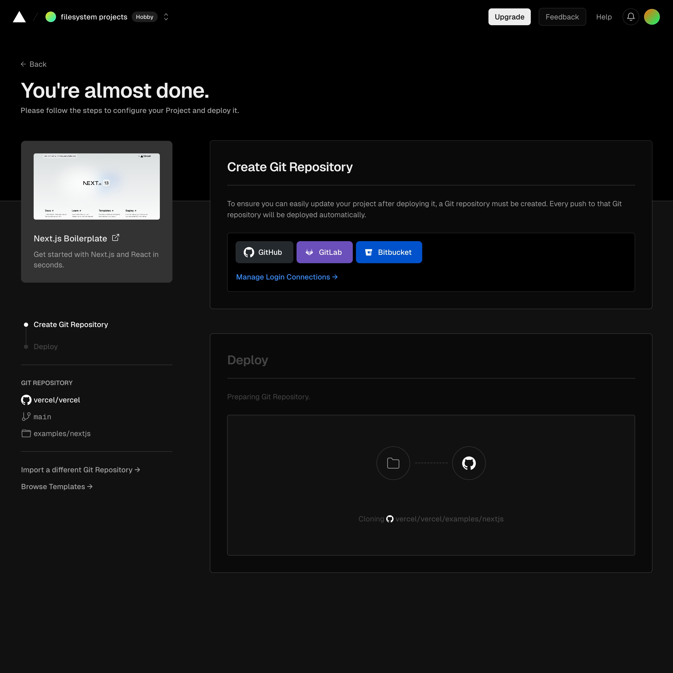 vercel create project next interface, desktop dark full screenshot