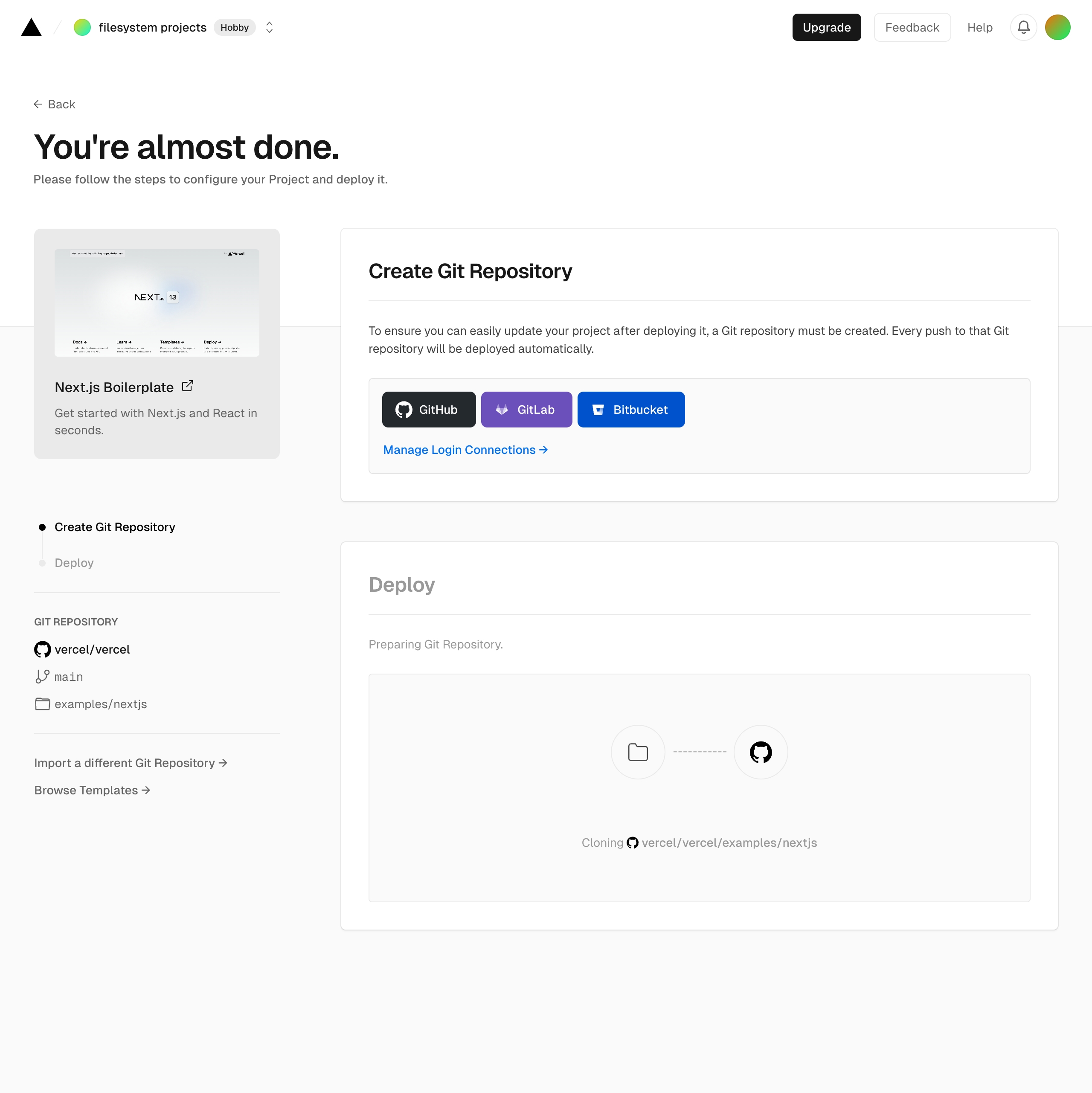 vercel create project next interface, desktop light full screenshot