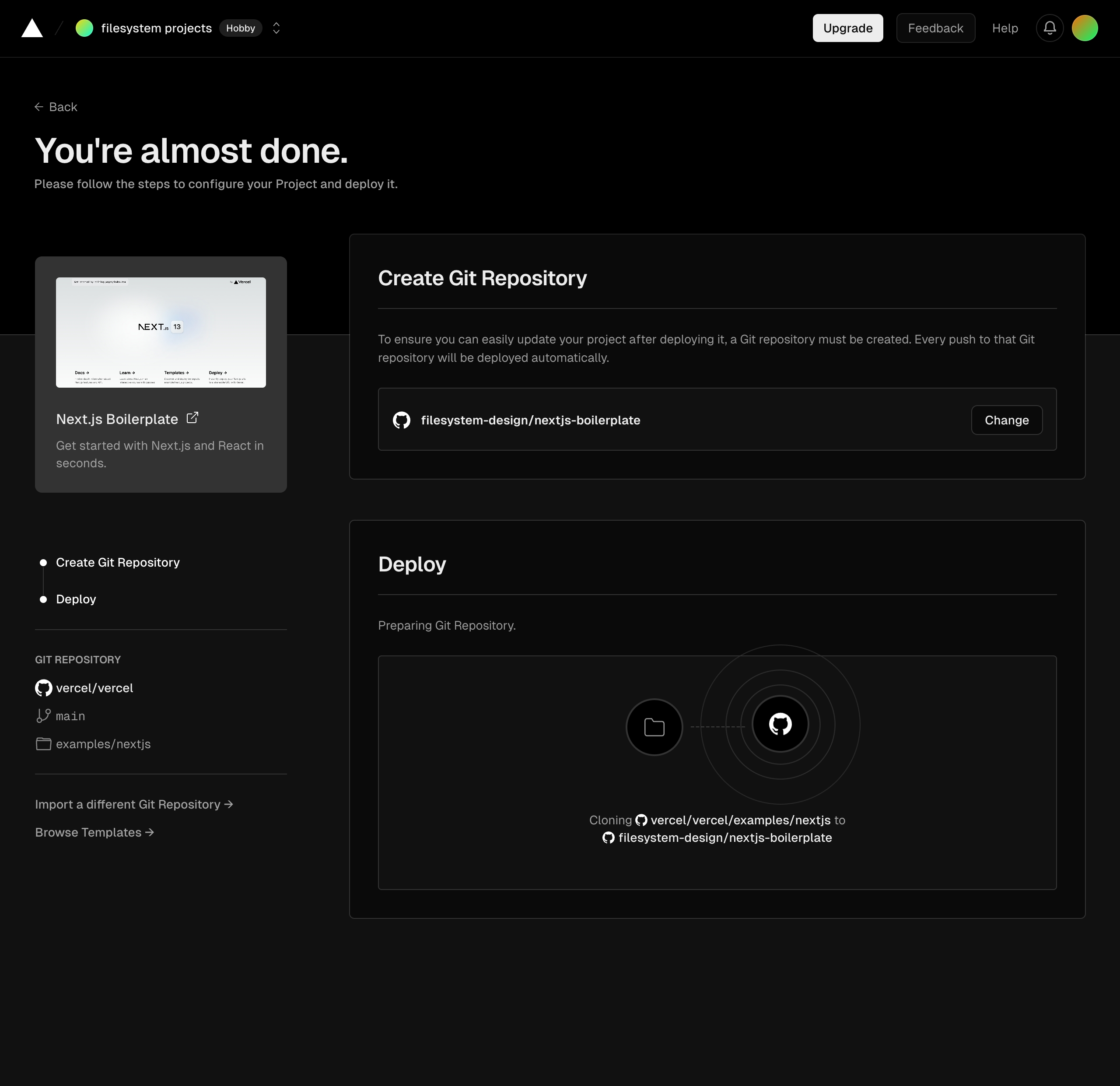 vercel create project next – deploying interface, desktop dark full screenshot