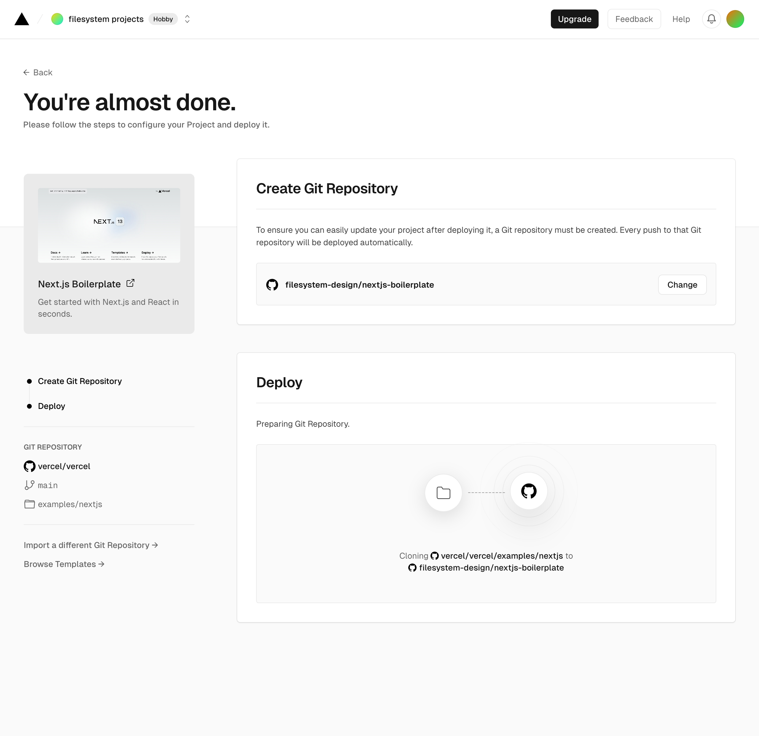 vercel create project next – deploying interface, desktop light full screenshot