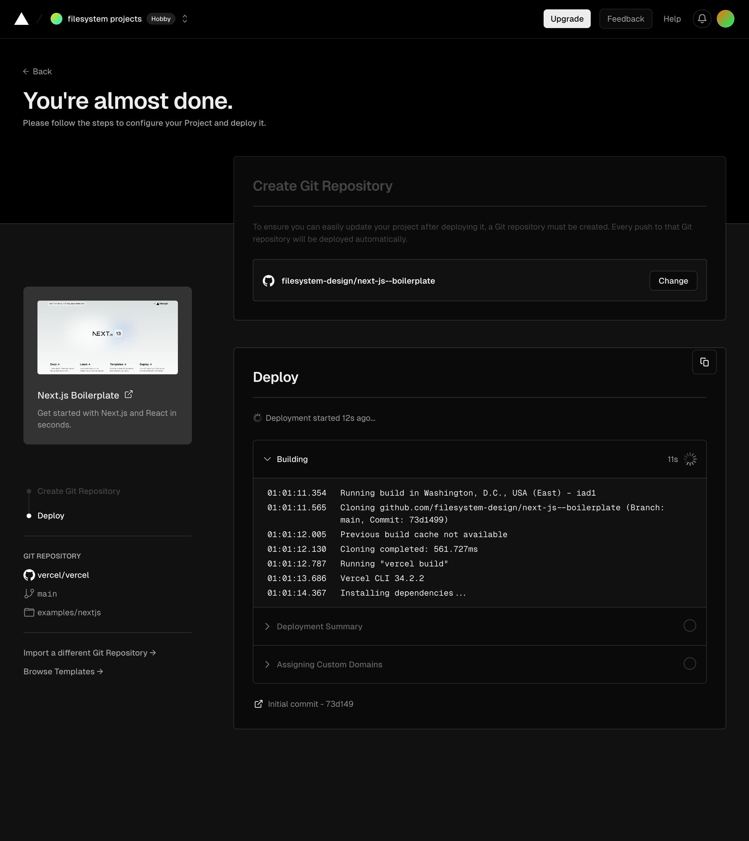 vercel create project next – deploying build interface, desktop dark full screenshot