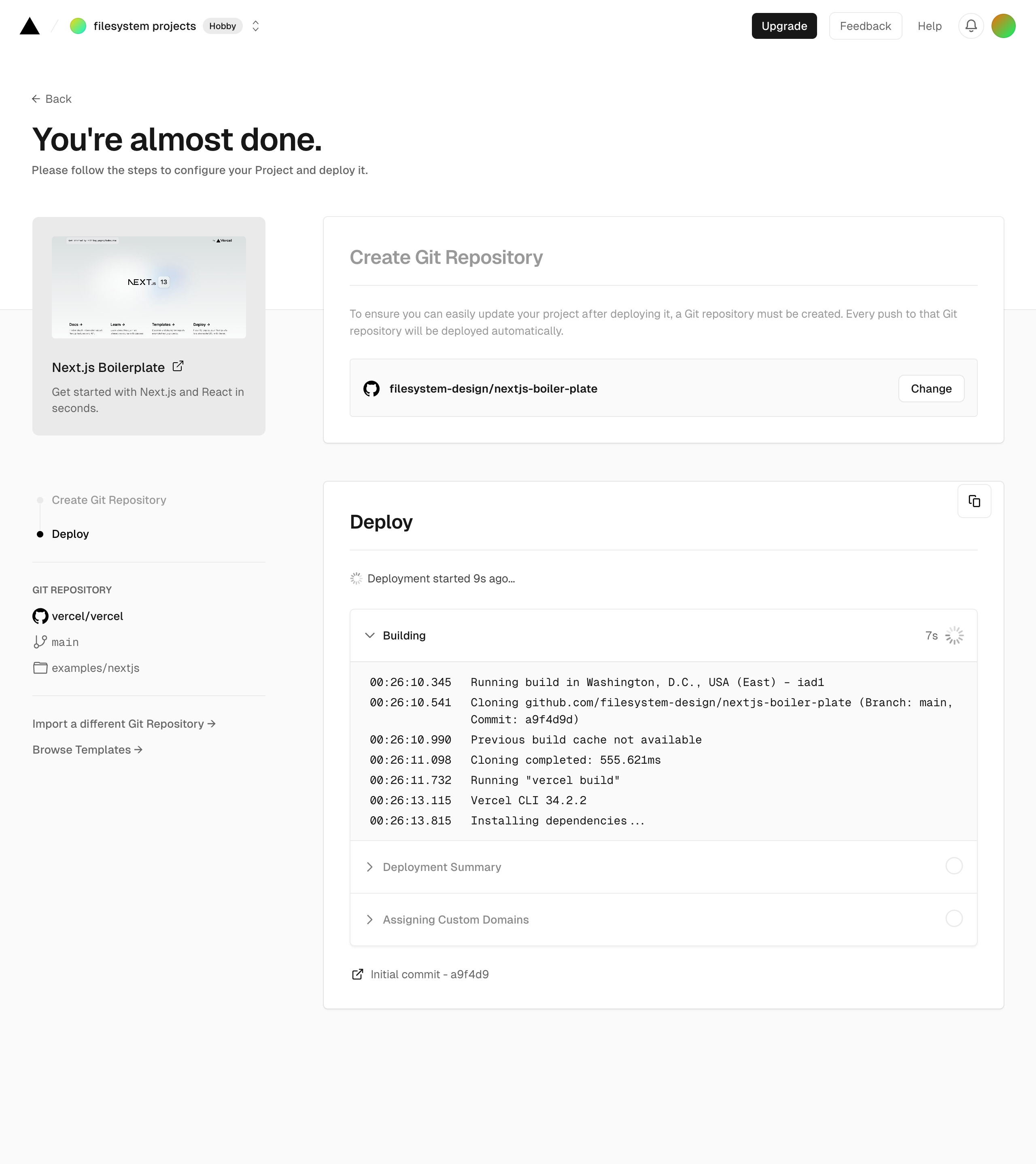 vercel create project next – deploying build interface, desktop light full screenshot
