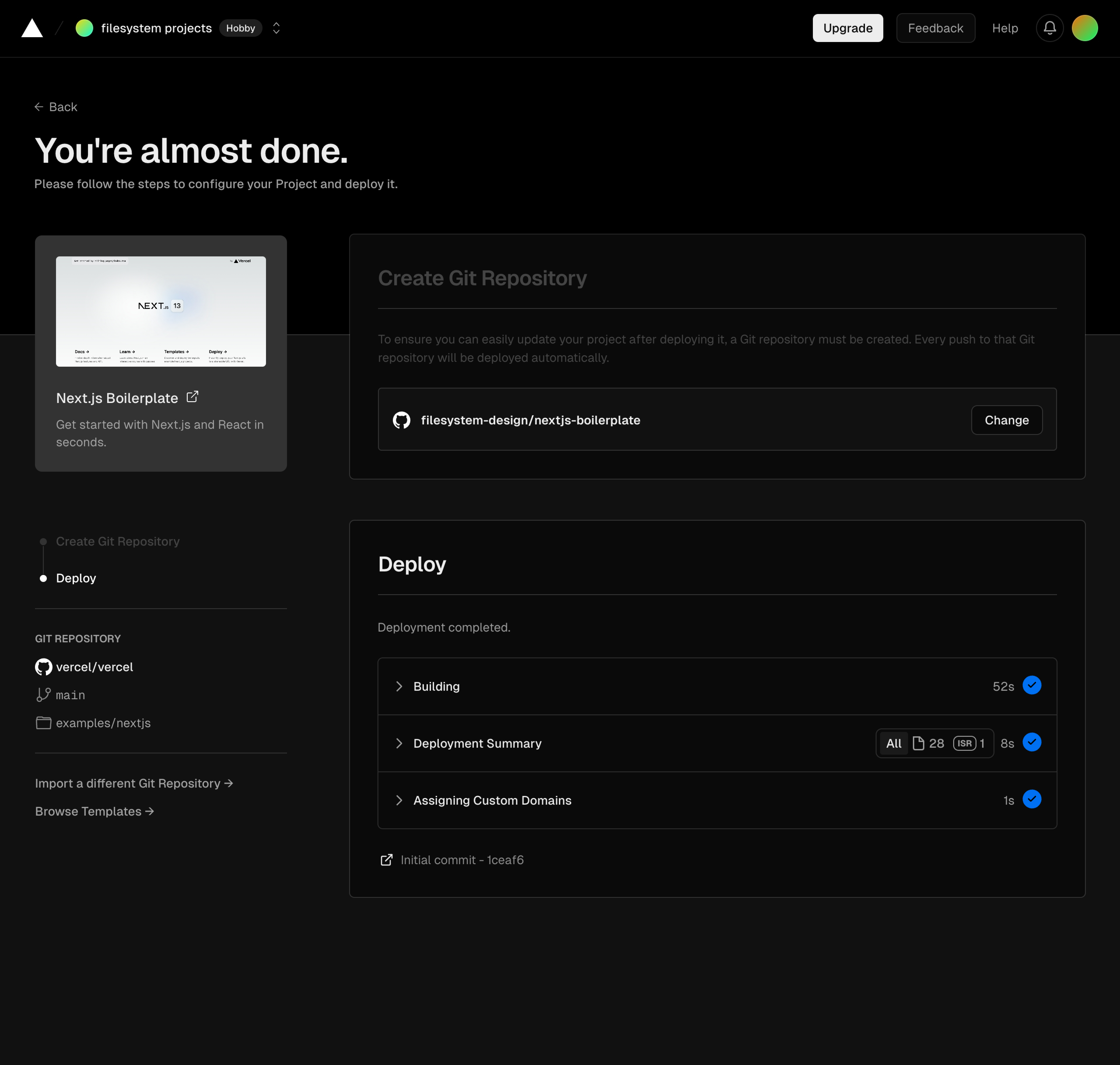 vercel create project next – deploying finished interface, desktop dark full screenshot