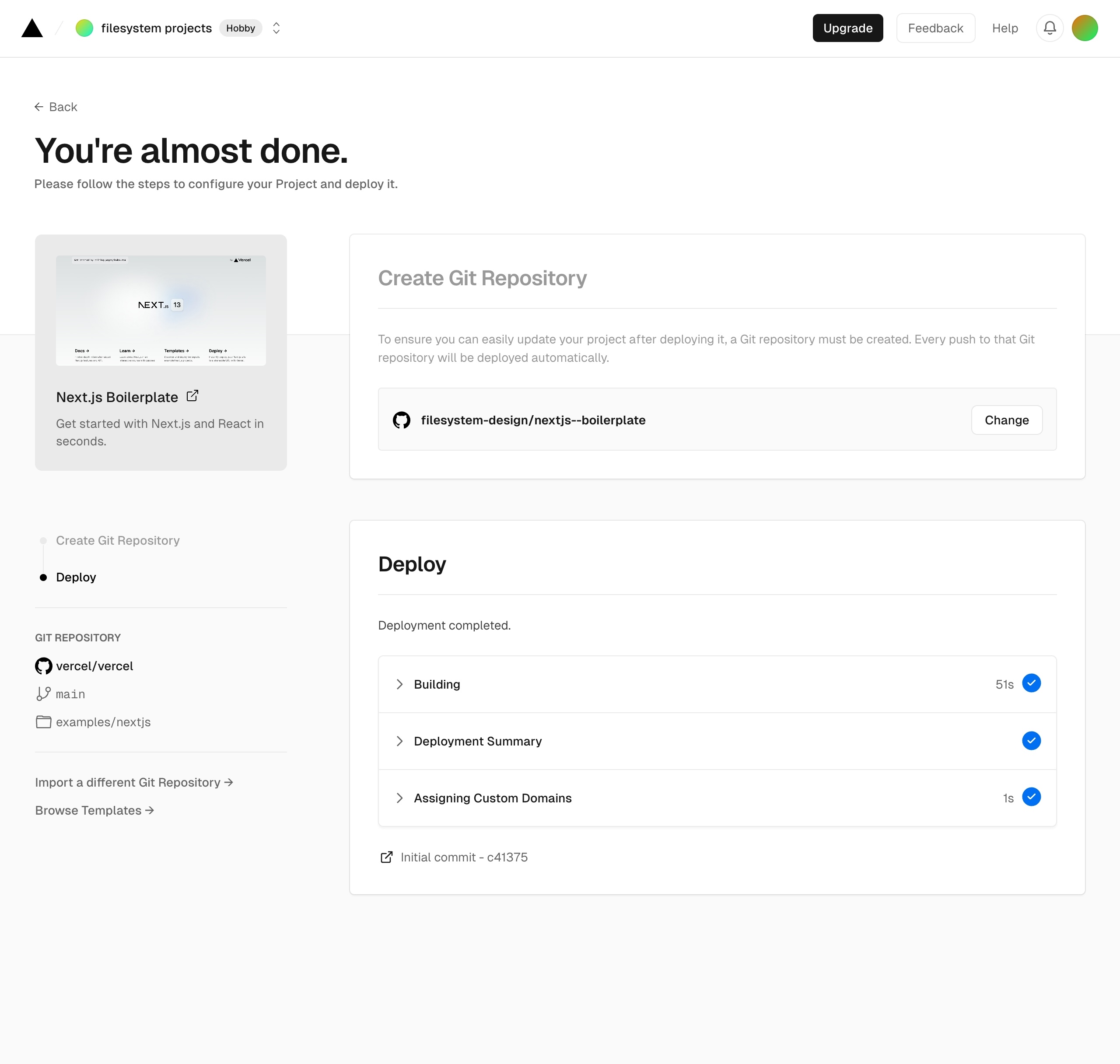 vercel create project next – deploying finished interface, desktop light full screenshot