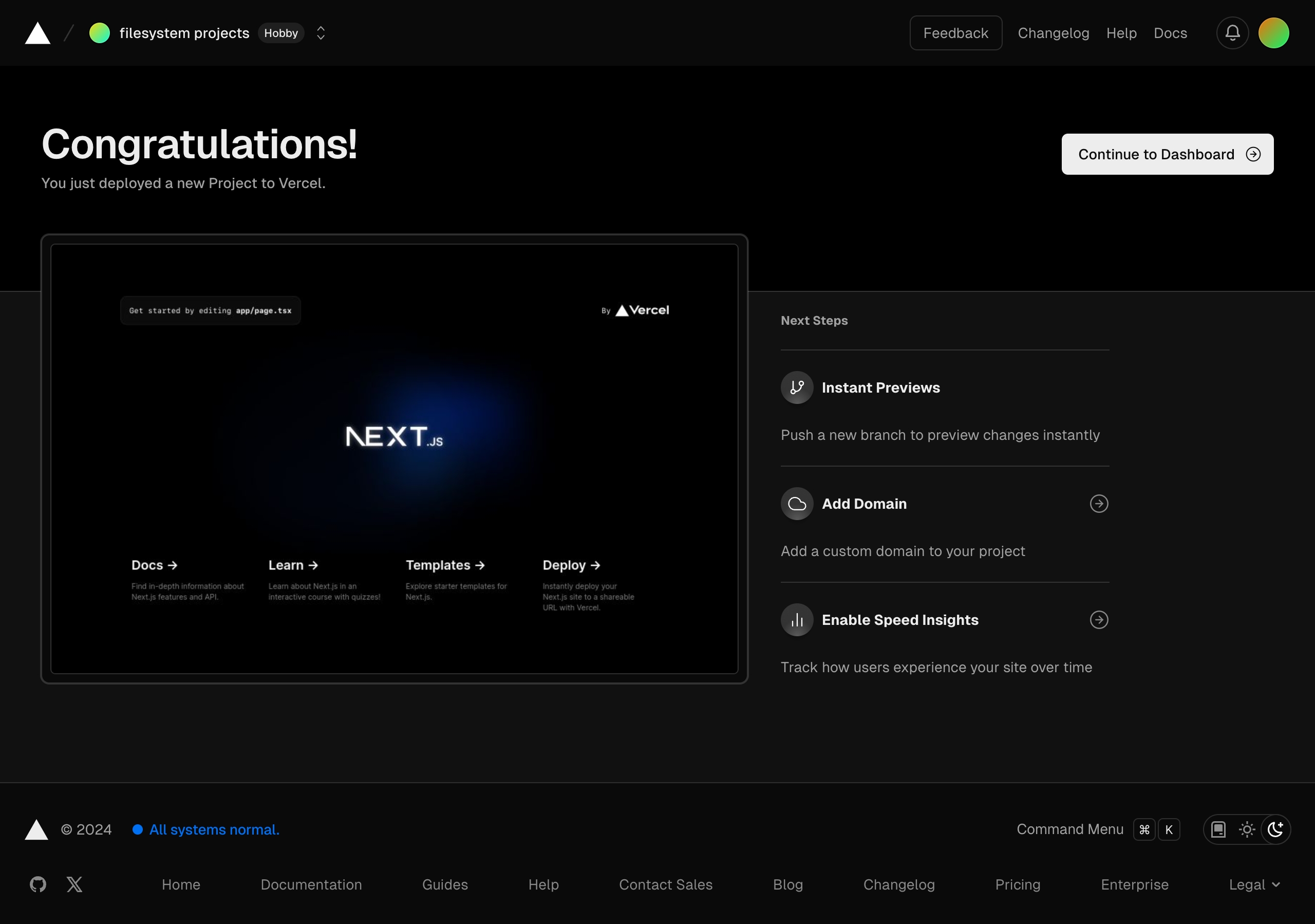 vercel create project next – deploying success interface, desktop dark full screenshot