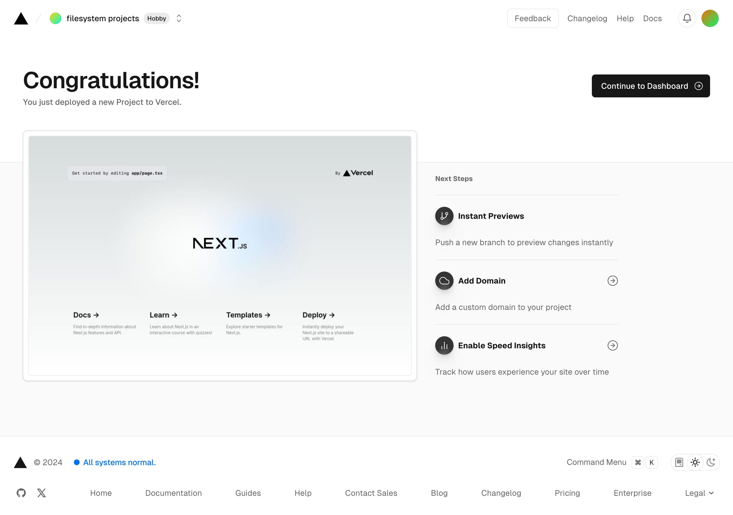 vercel create project next – deploying success interface, desktop light full screenshot