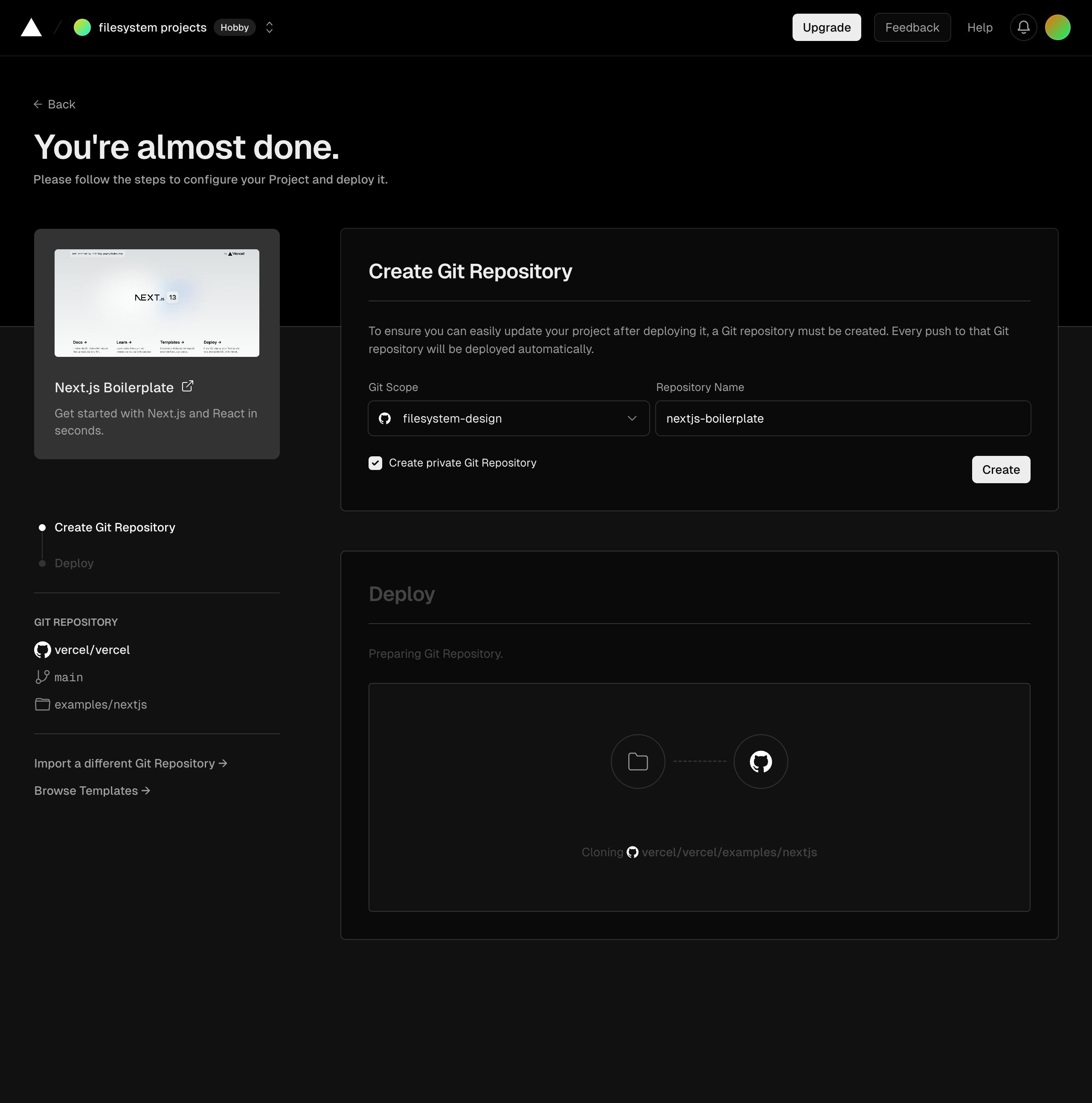 vercel create project next – repo picked interface, desktop dark full screenshot