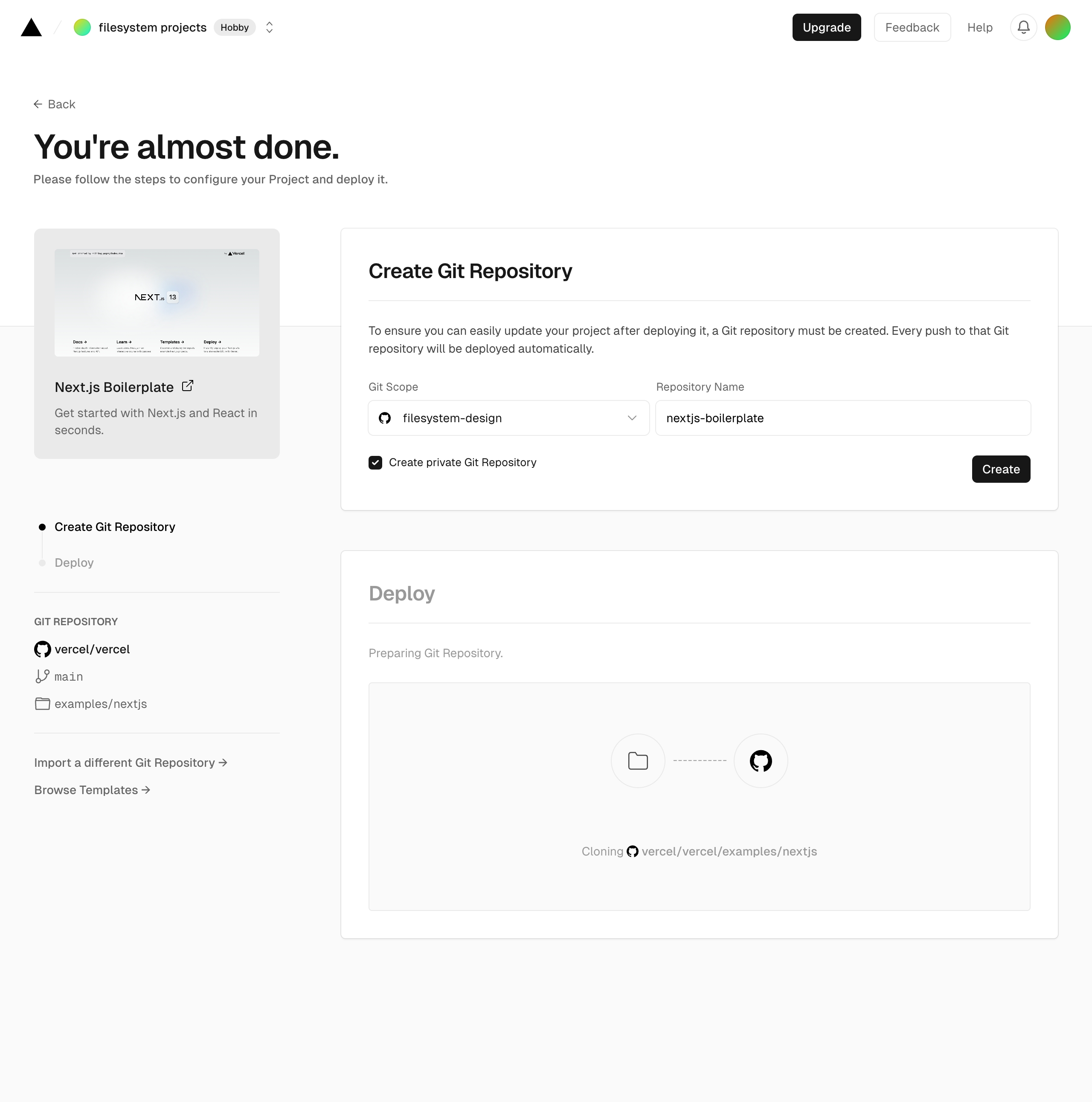 vercel create project next – repo picked interface, desktop light full screenshot