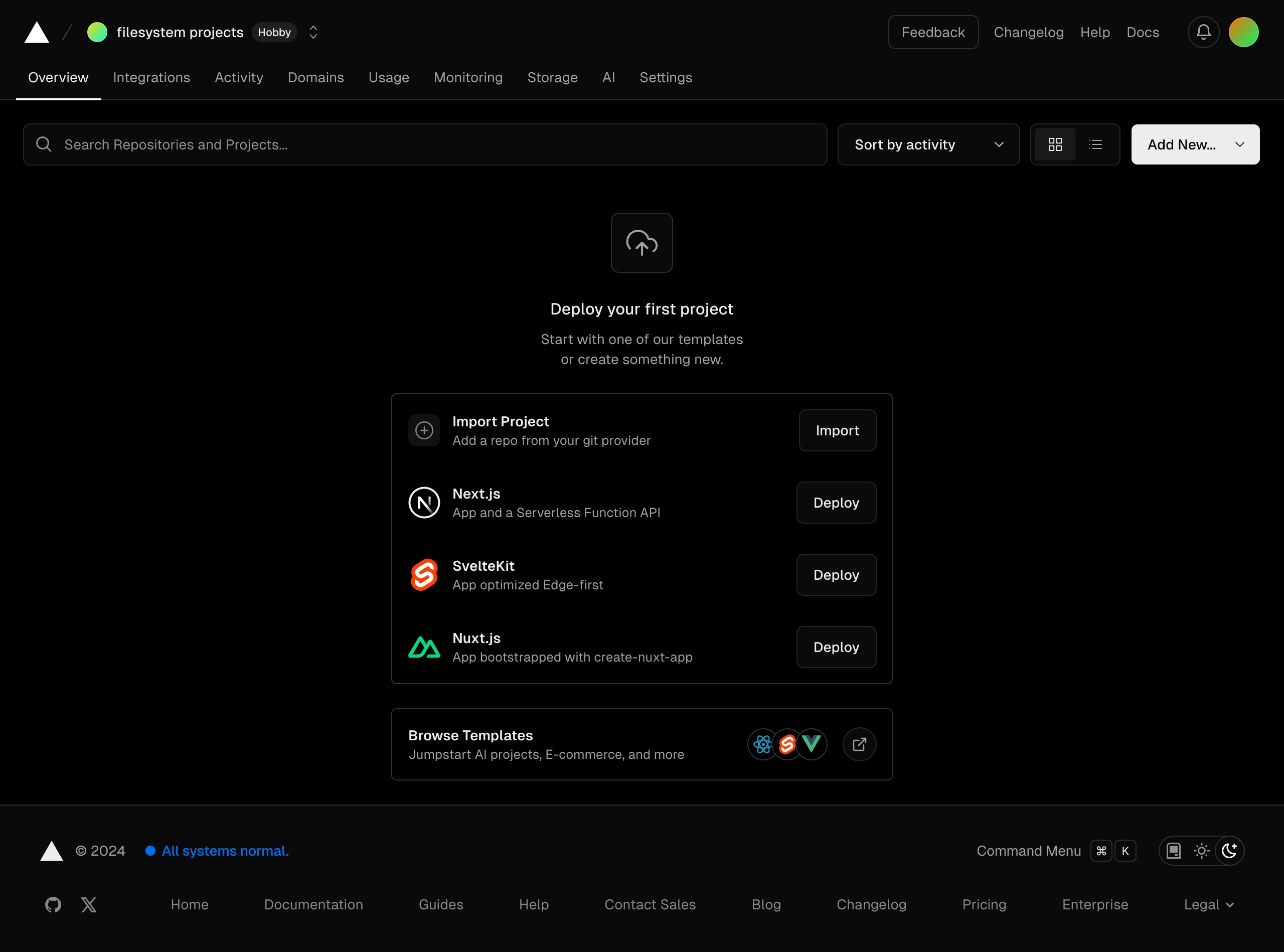vercel dashboard setup interface, desktop dark full screenshot