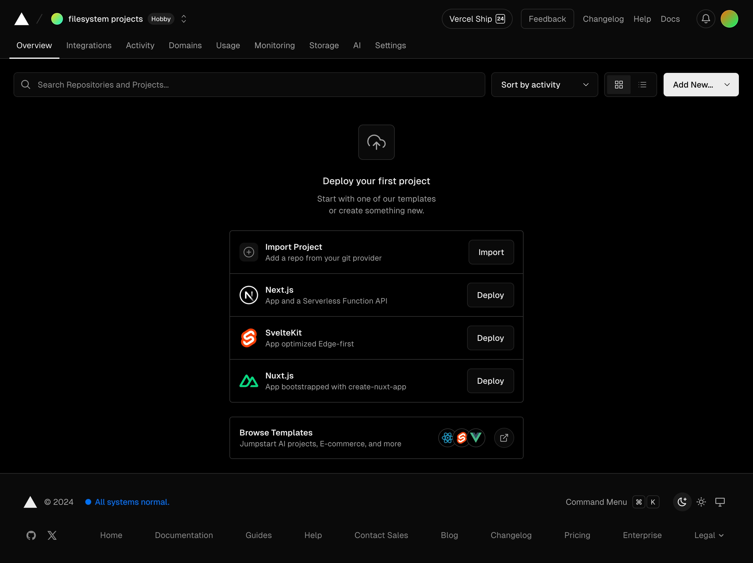 vercel dashboard – setup interface, desktop dark full screenshot