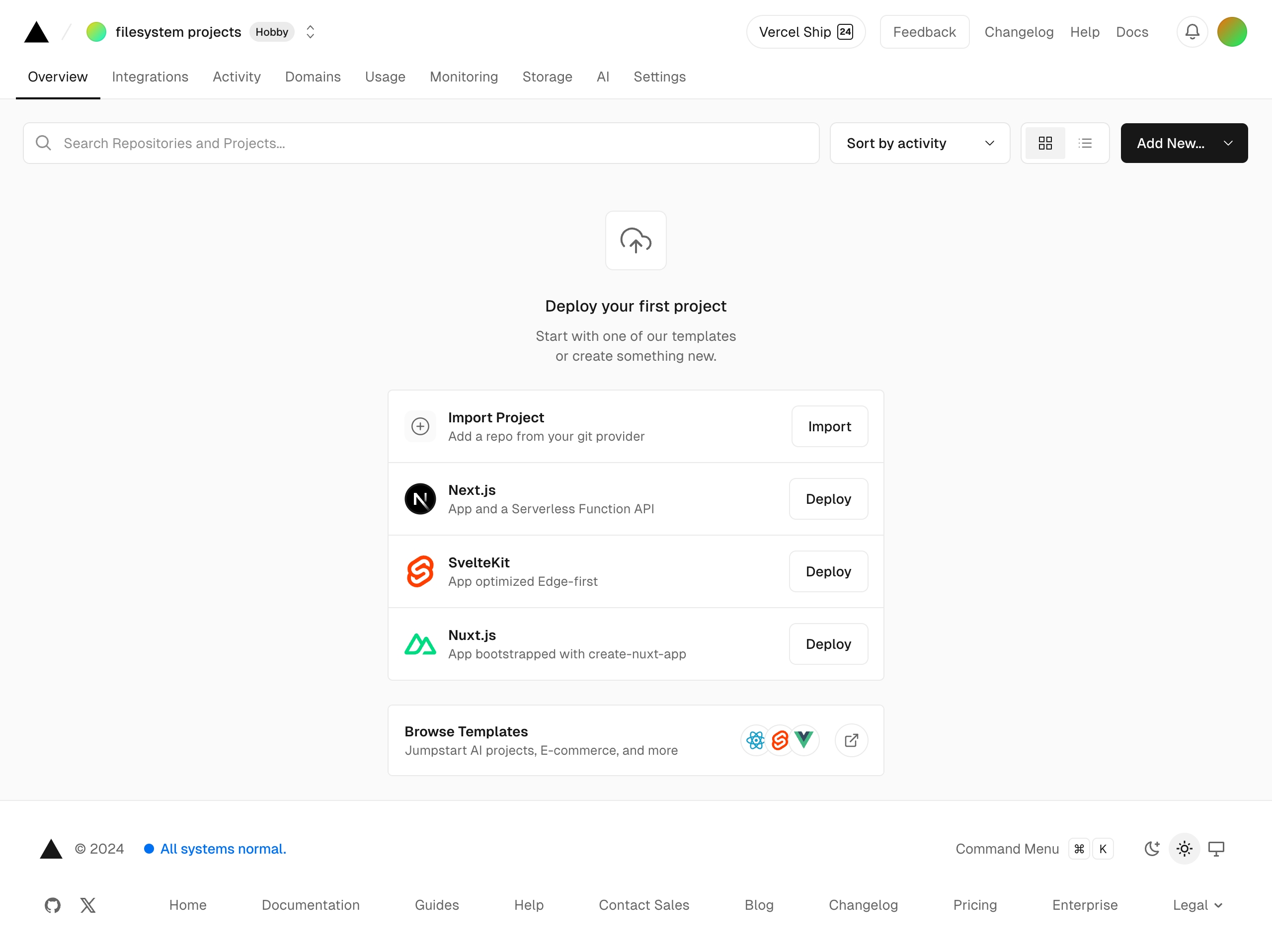 vercel dashboard – setup interface, desktop light full screenshot