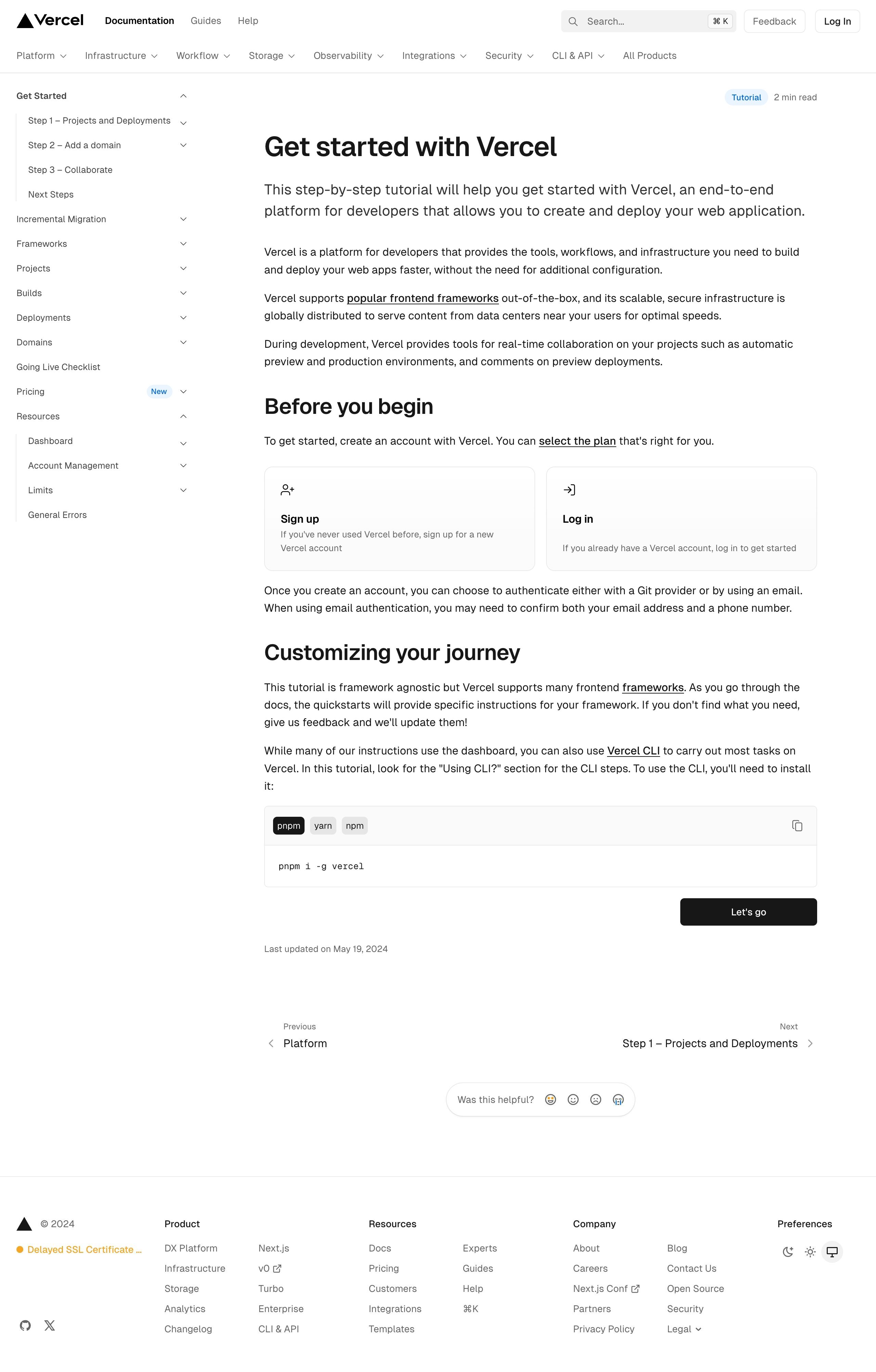 vercel getting started interface, desktop light full screenshot
