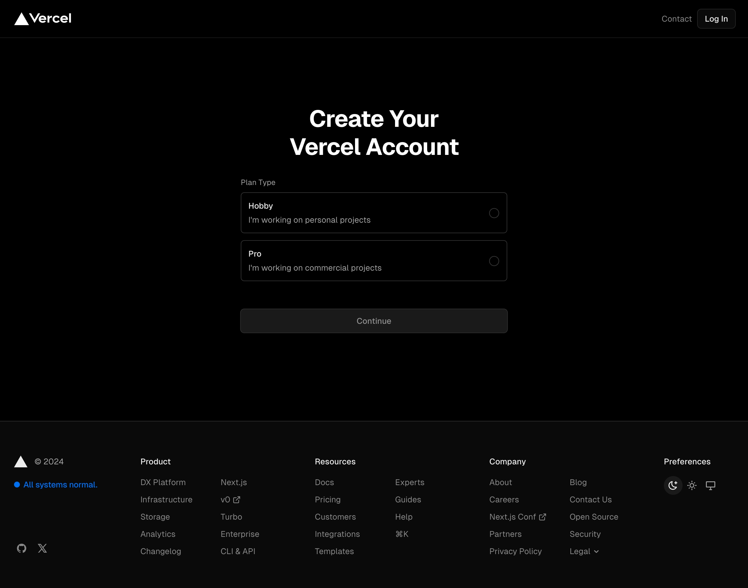 vercel signup interface, desktop dark full screenshot