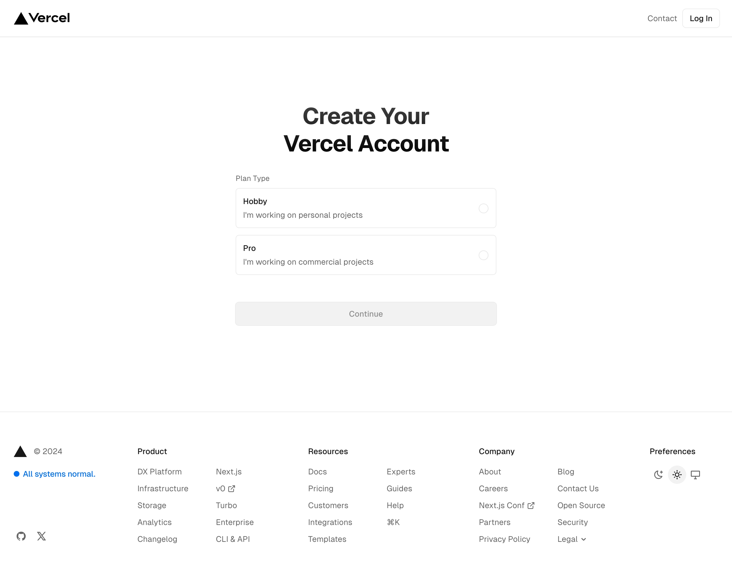 vercel signup interface, desktop light full screenshot