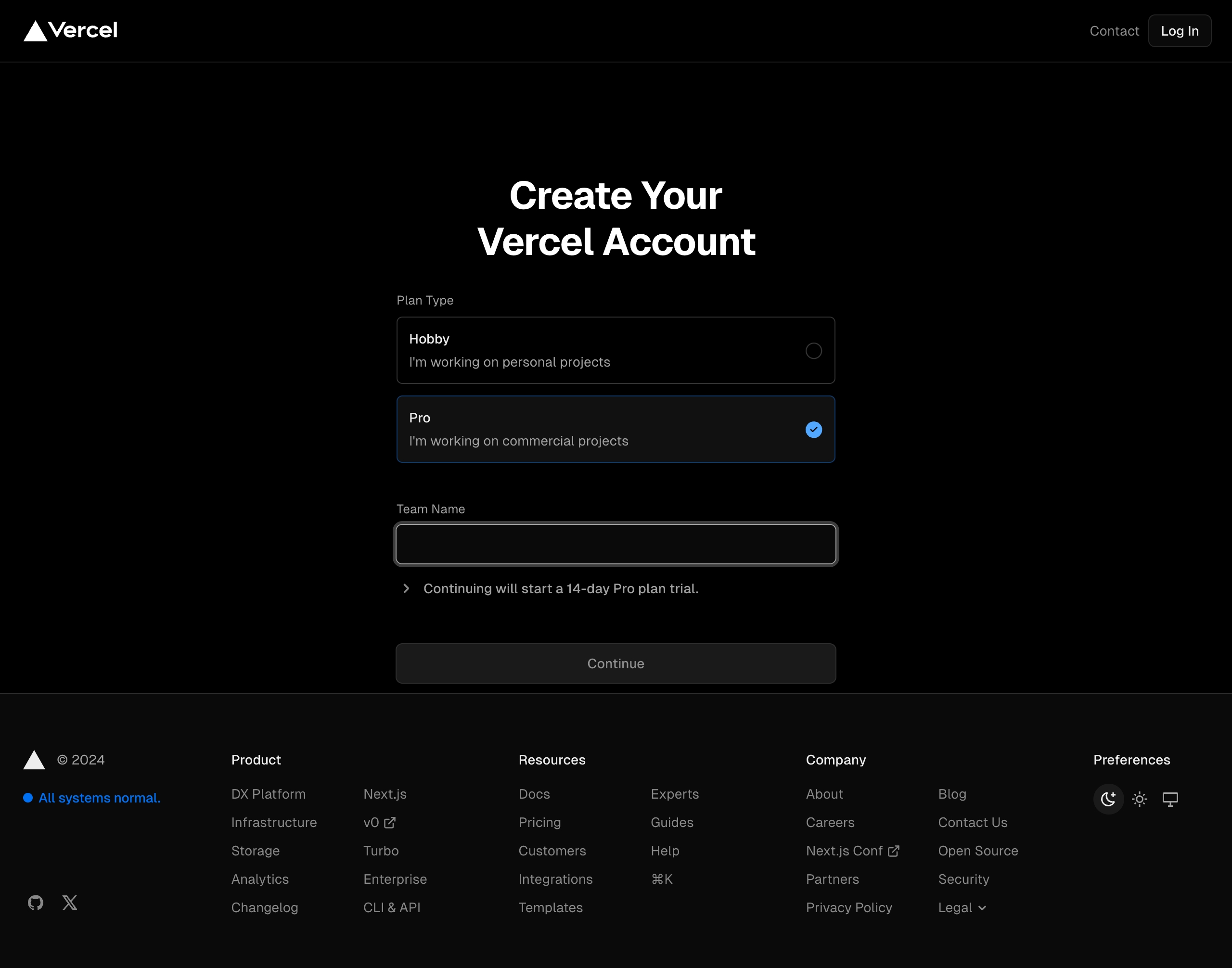vercel signup – pro interface, desktop dark full screenshot