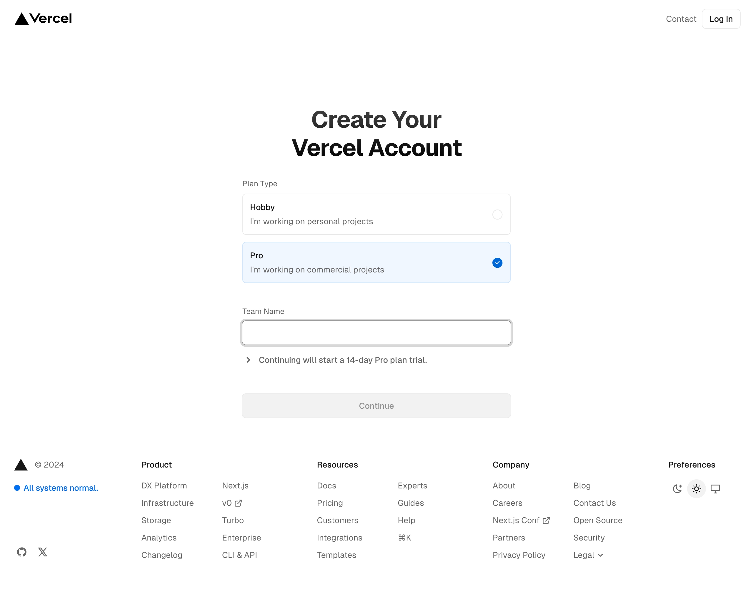 vercel signup – pro interface, desktop light full screenshot