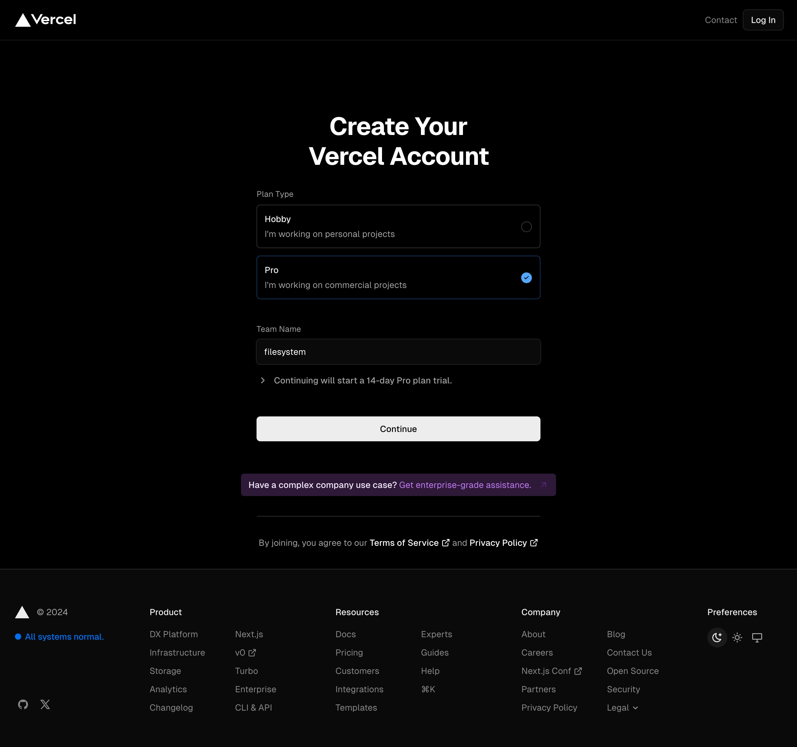 vercel signup – pro filled interface, desktop dark full screenshot