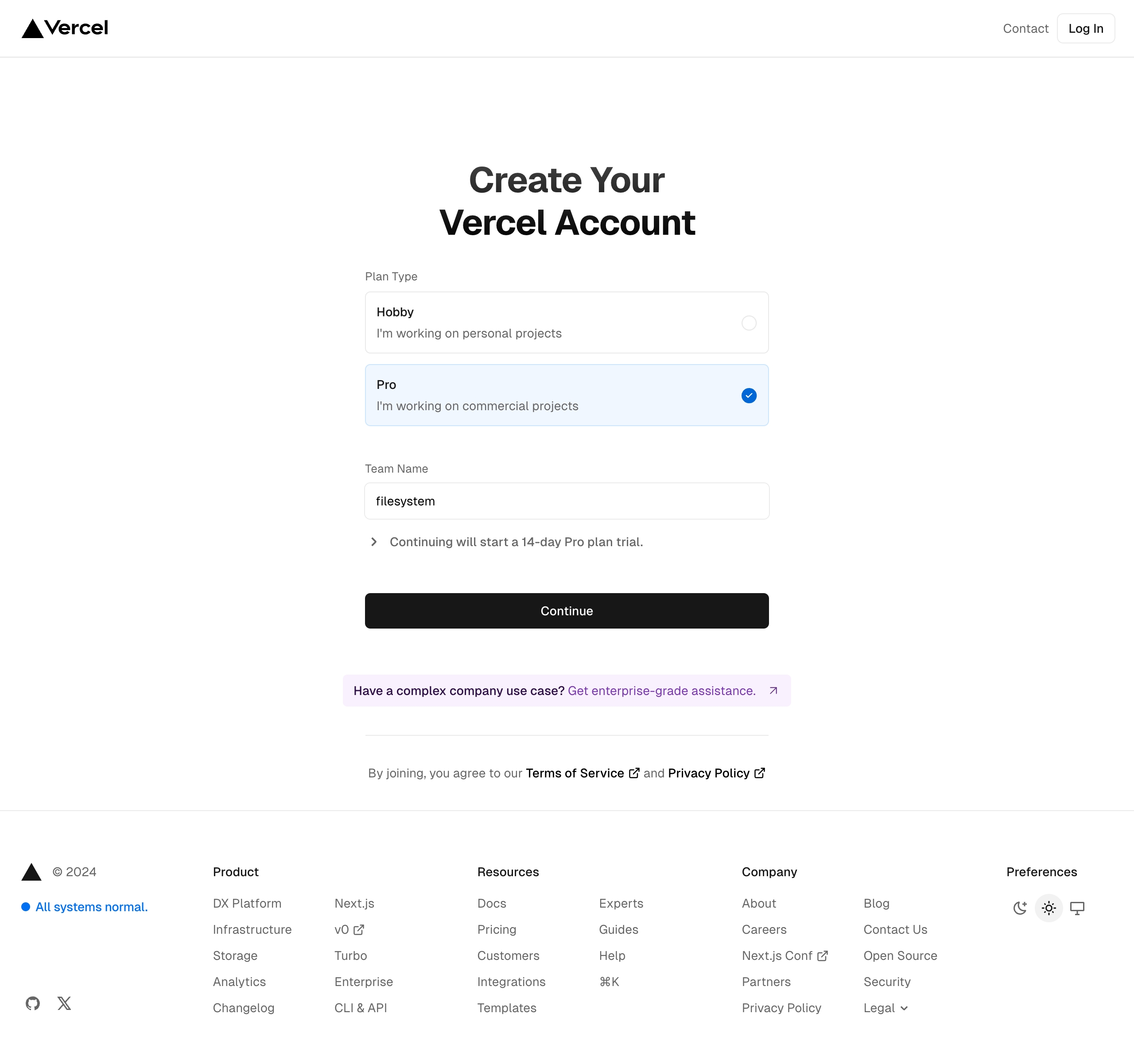 vercel signup – pro filled interface, desktop light full screenshot
