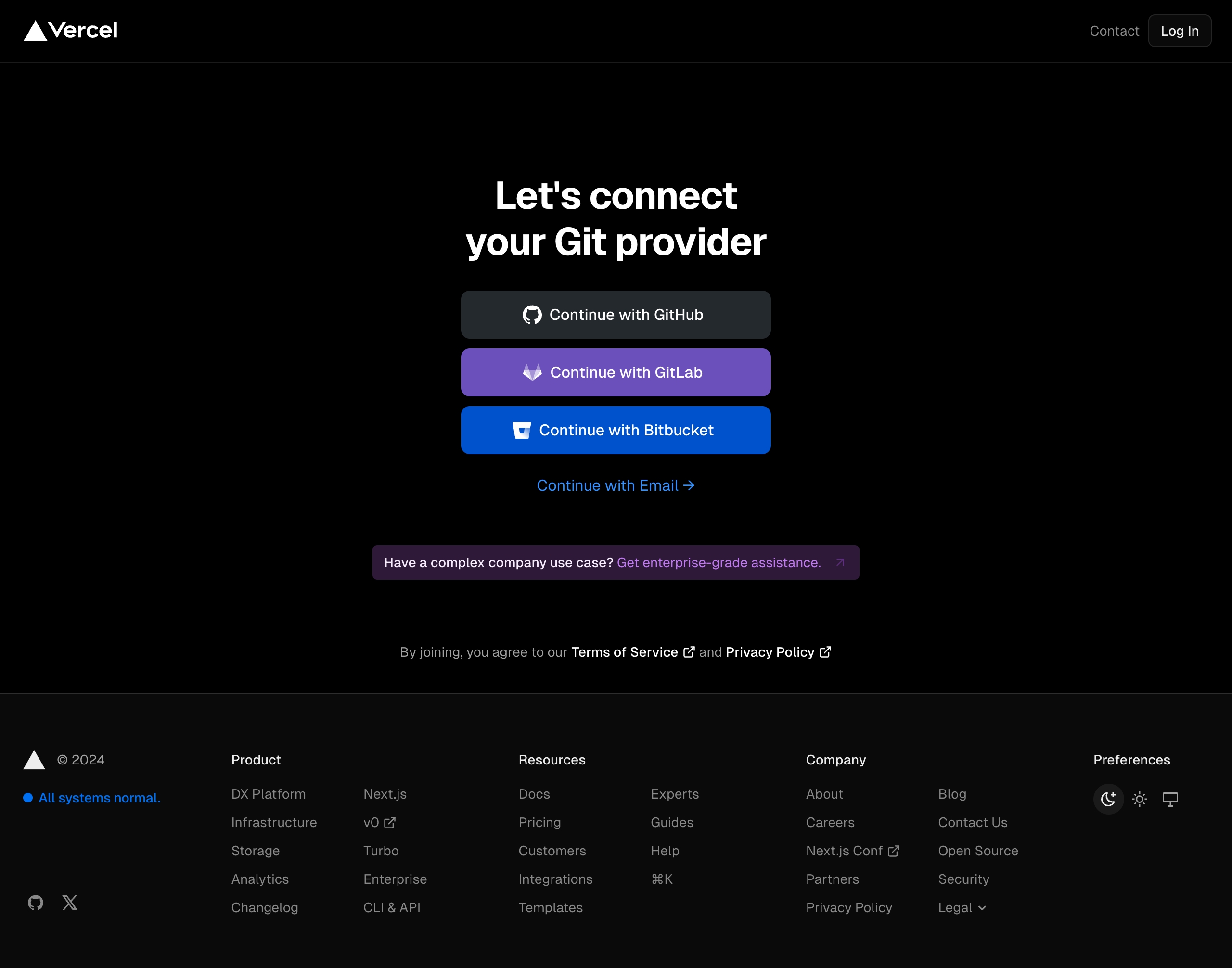 vercel signup – provider interface, desktop dark full screenshot