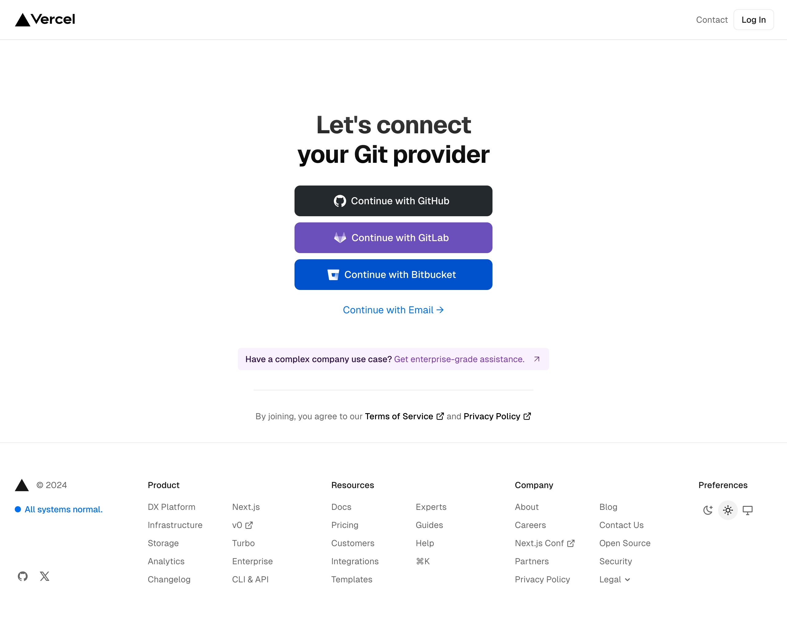 vercel signup – provider interface, desktop light full screenshot