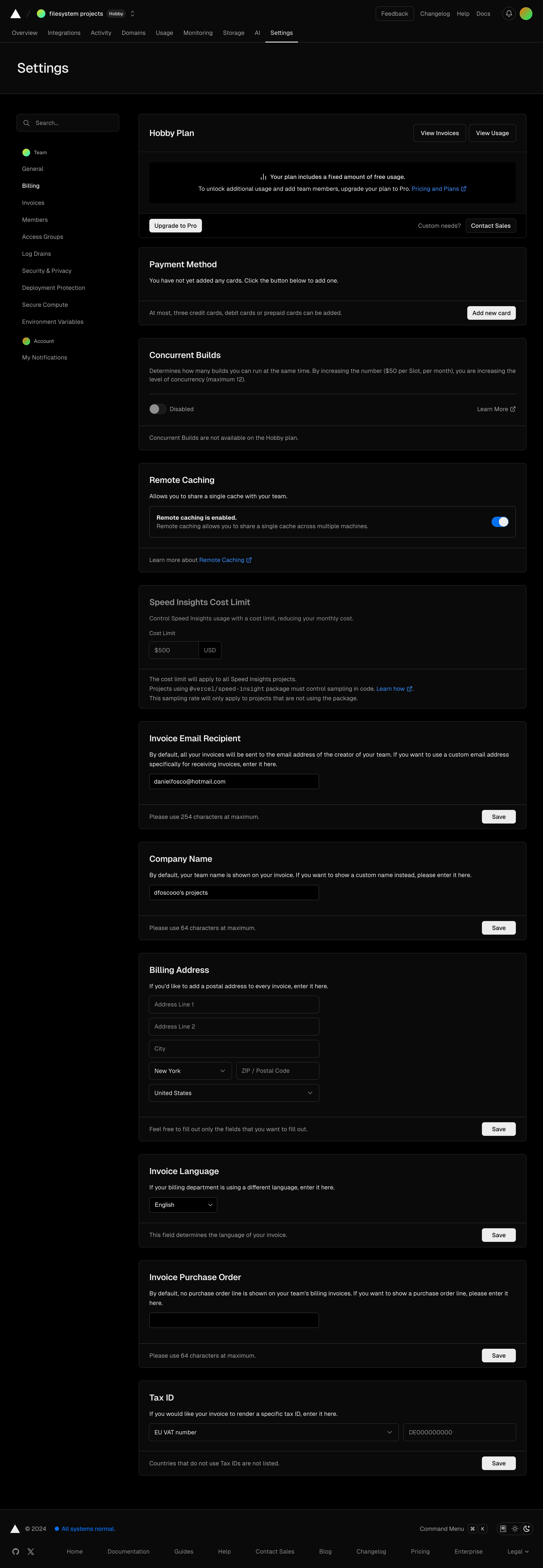 vercel team settings billing interface, desktop dark full screenshot