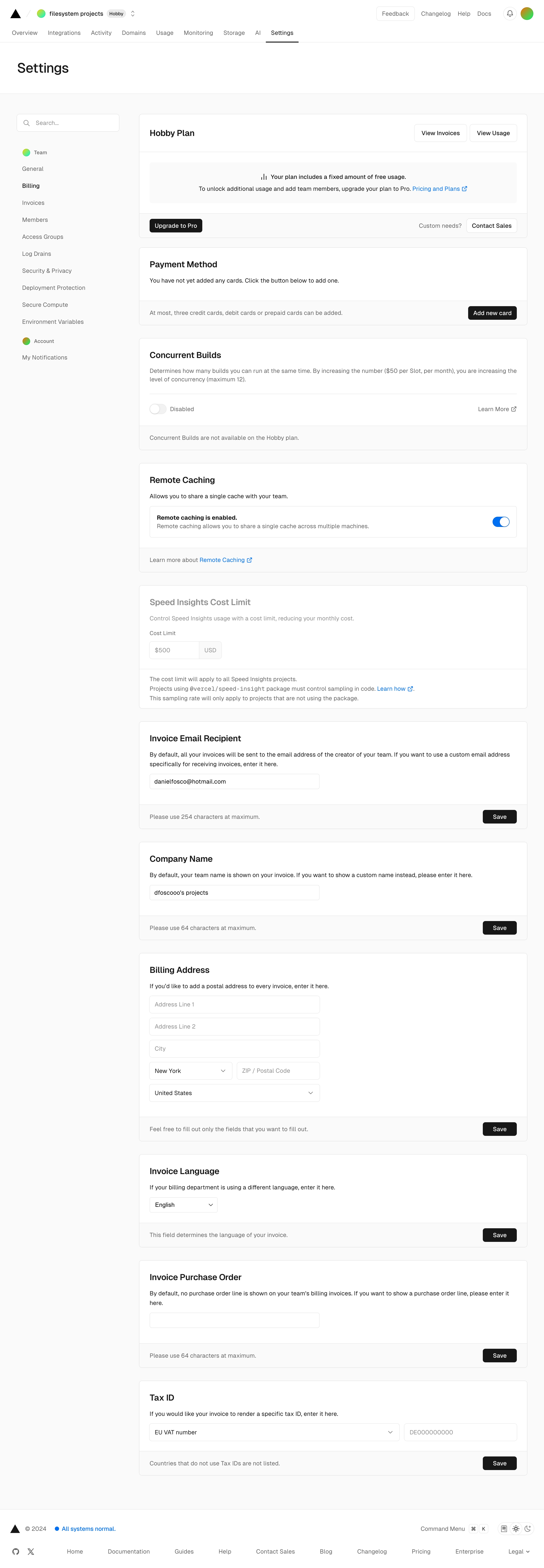 vercel team settings billing interface, desktop light full screenshot