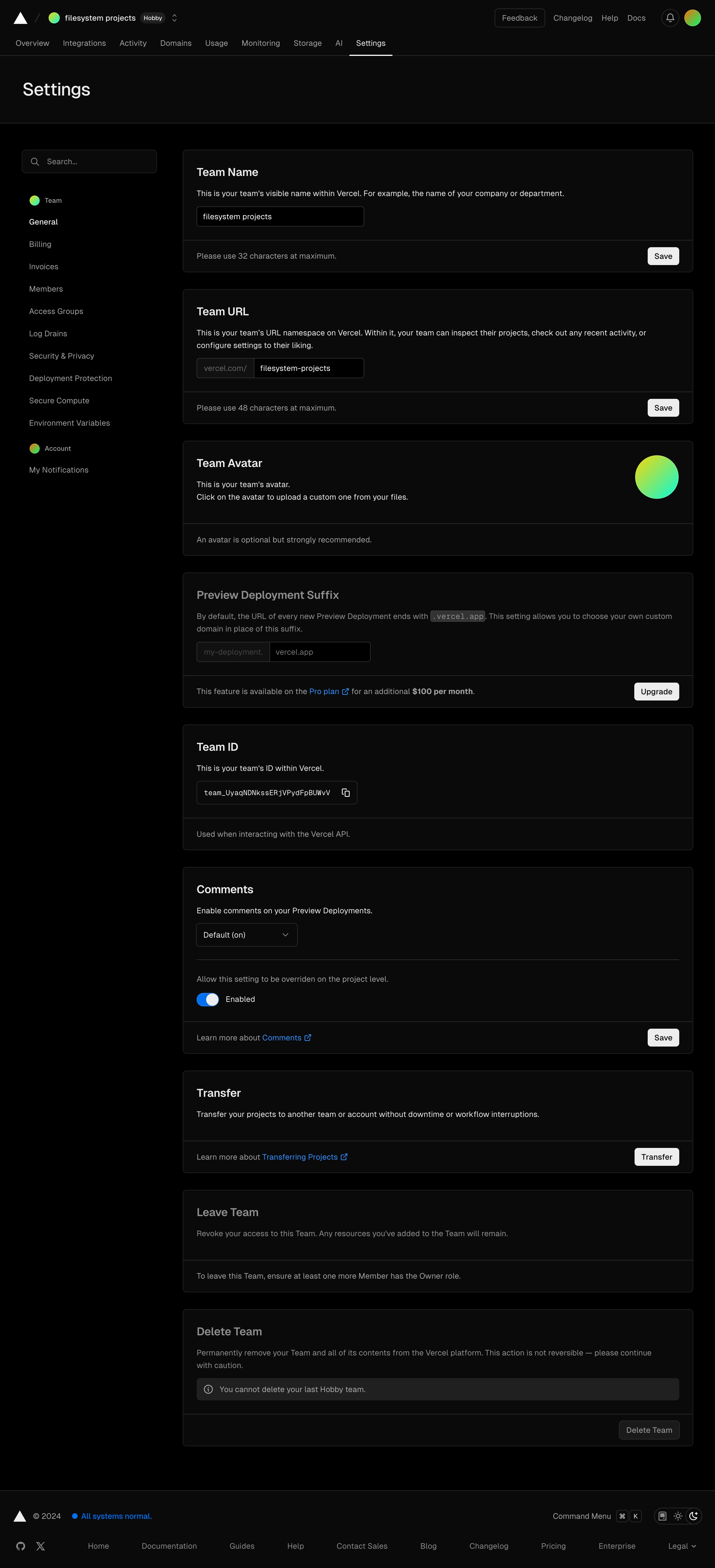 vercel team settings general interface, desktop dark full screenshot