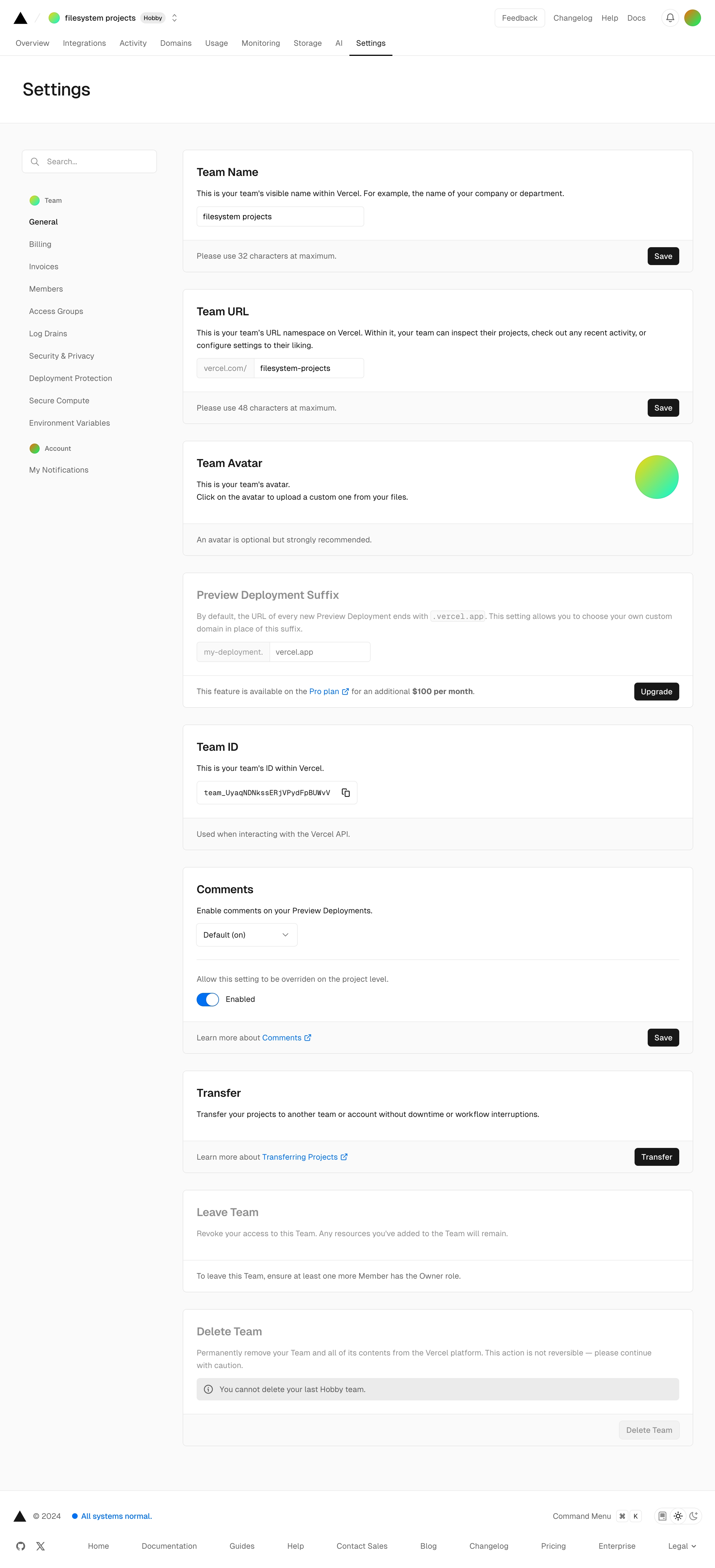 vercel team settings general interface, desktop light full screenshot